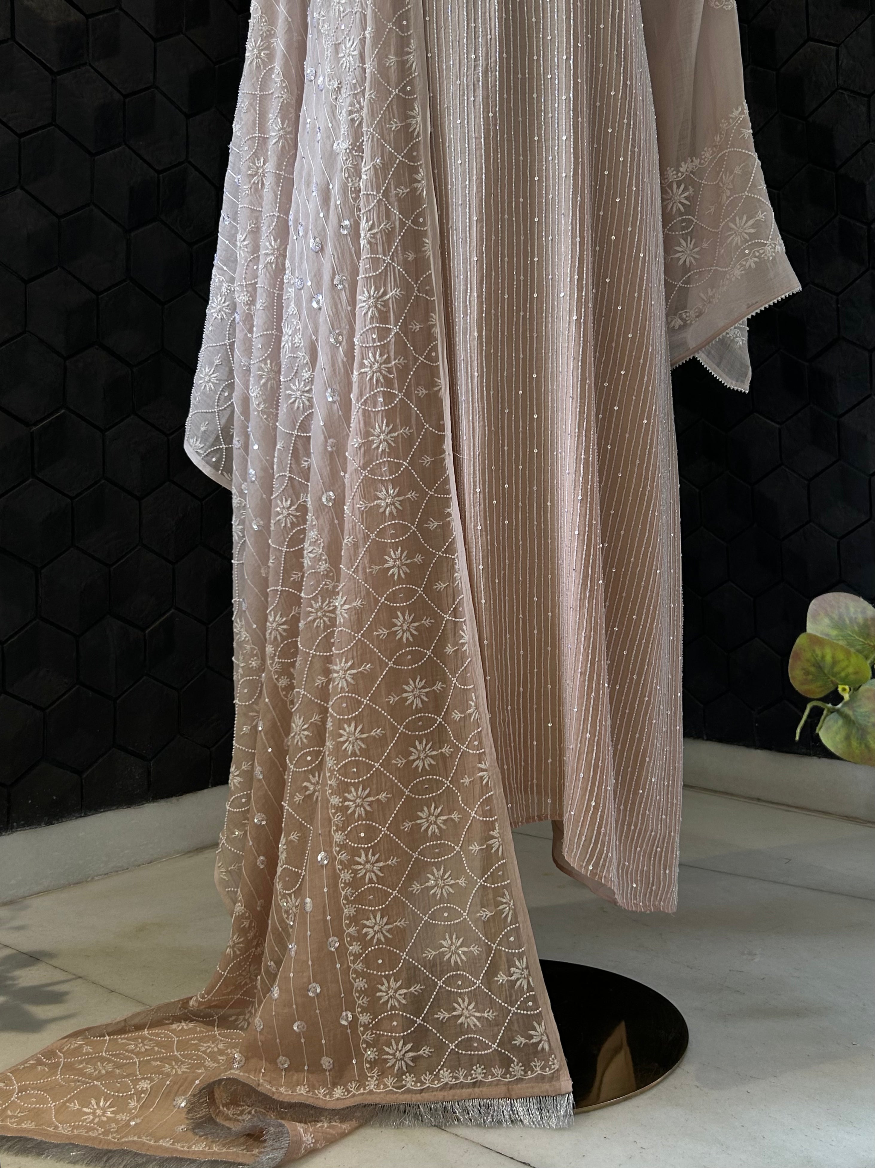 Pink Mul Chanderi Chikankari Kurta Set