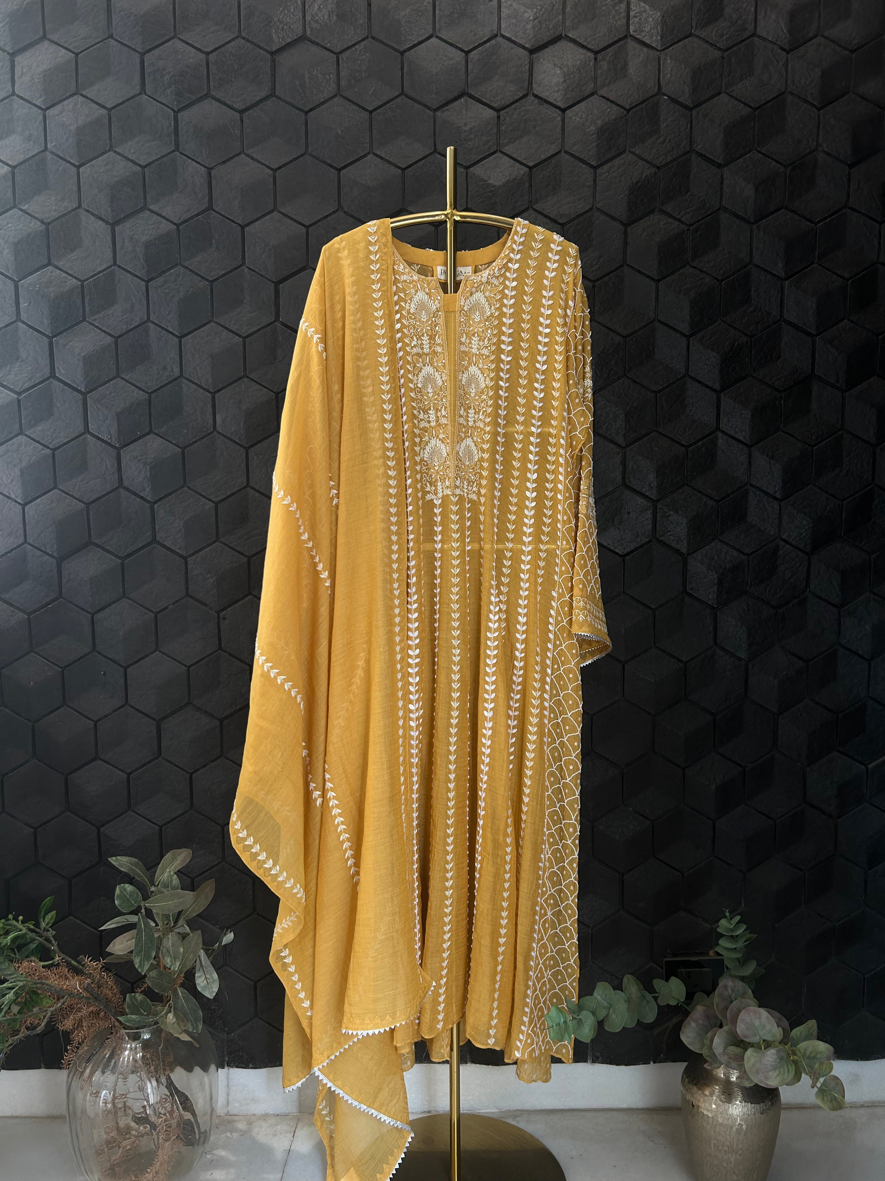 Mustard Tissue Chikankari Anarakali Set