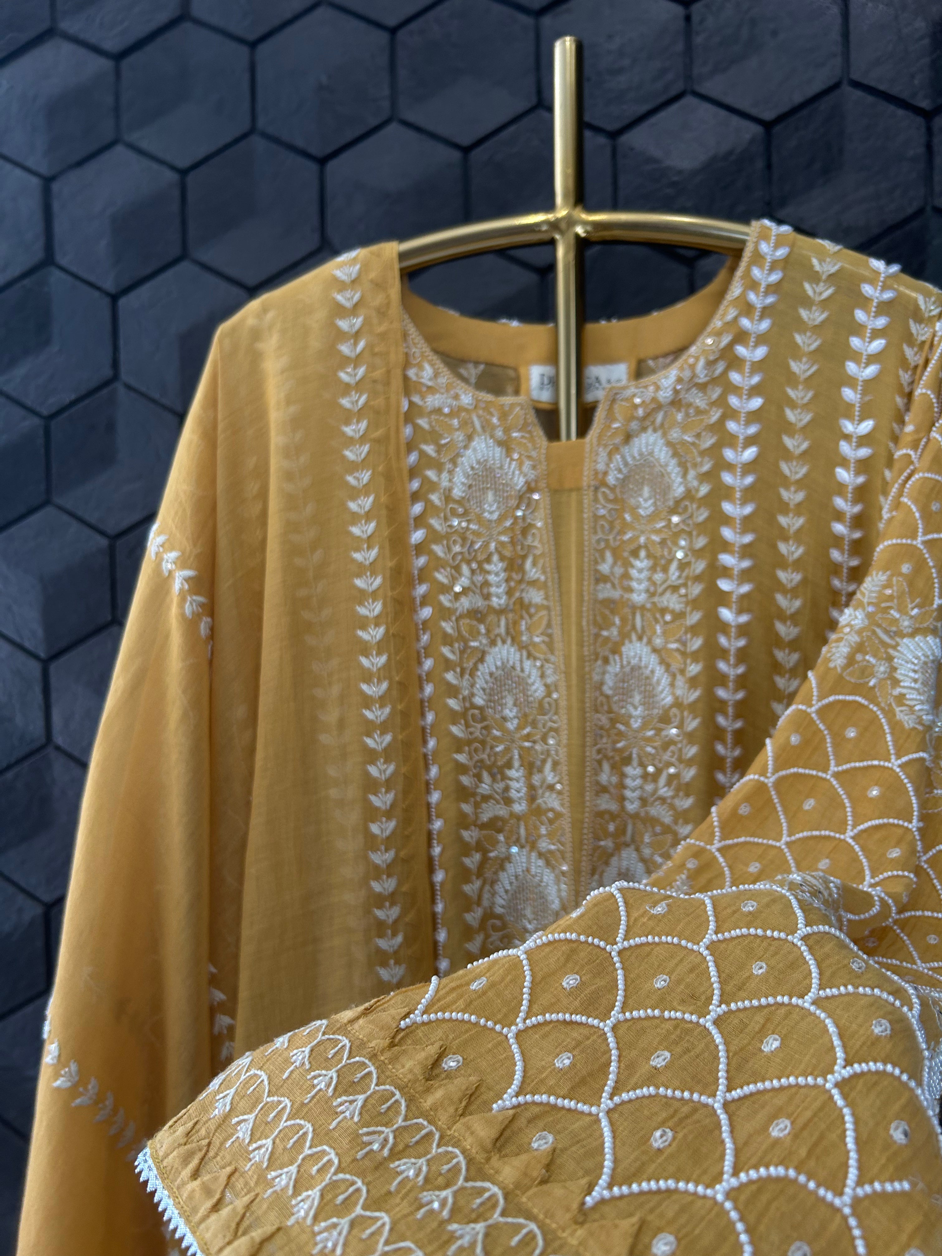 Mustard Tissue Chikankari Anarakali Set