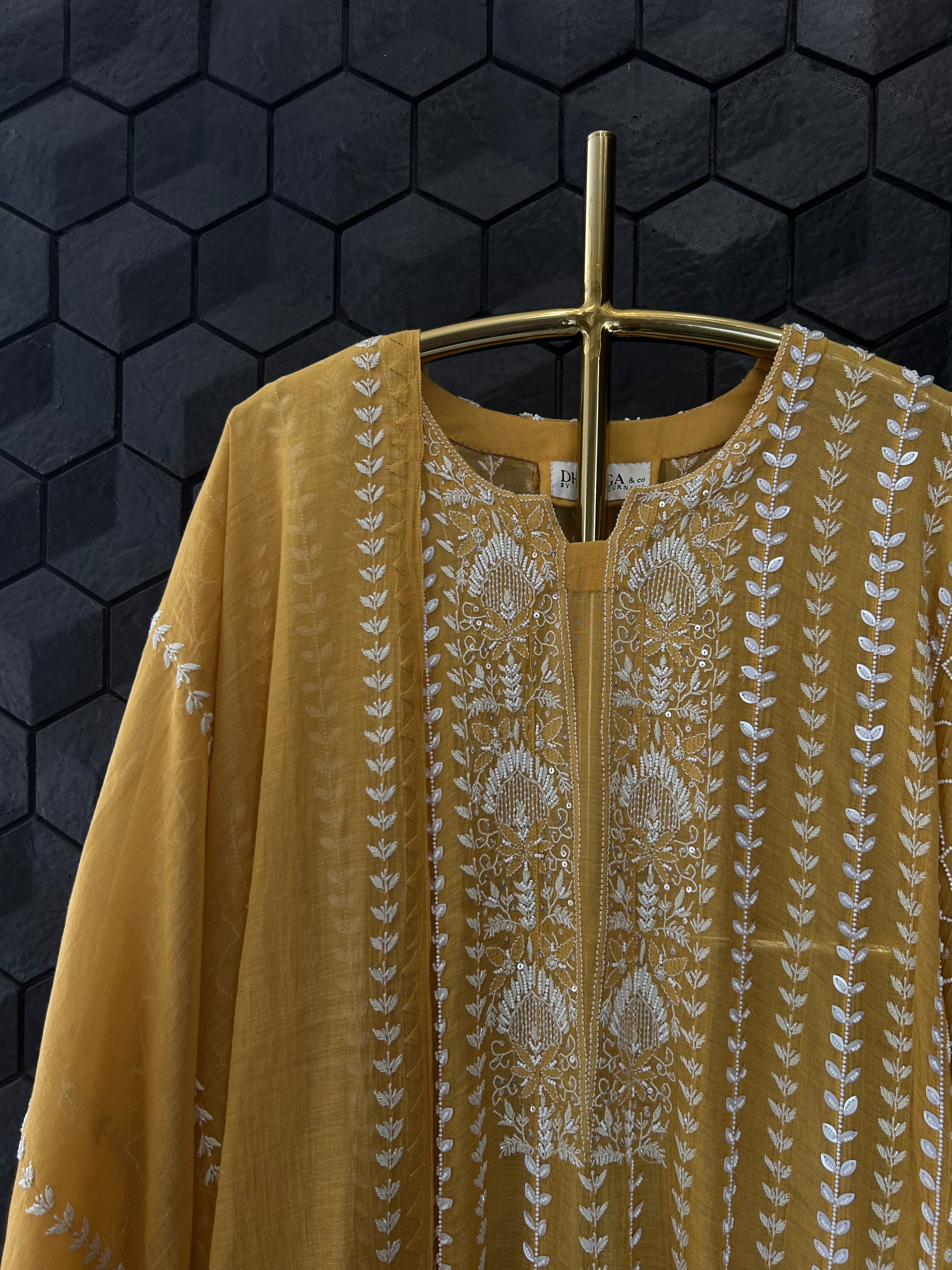 Mustard Tissue Chikankari Anarakali Set