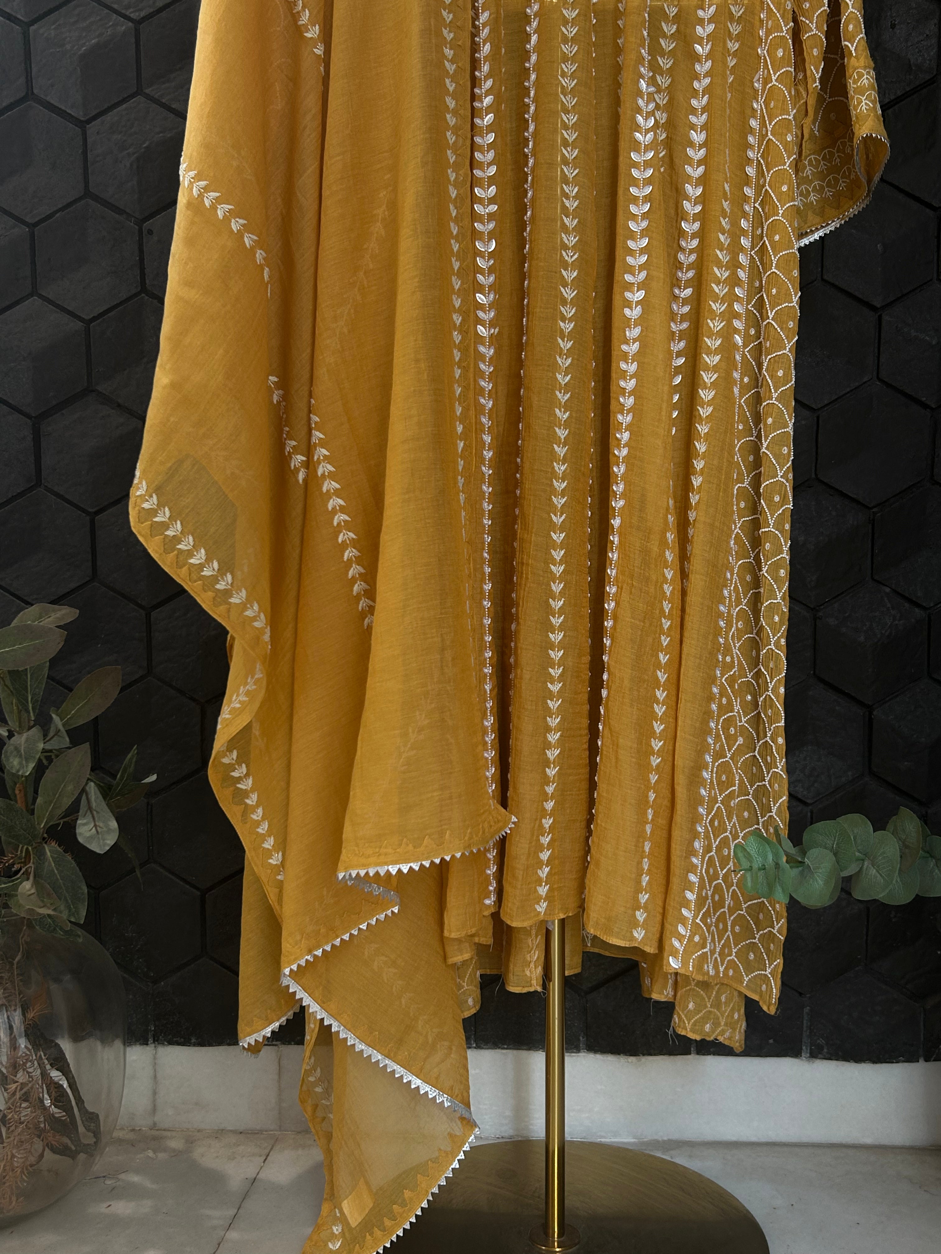 Mustard Tissue Chikankari Anarakali Set