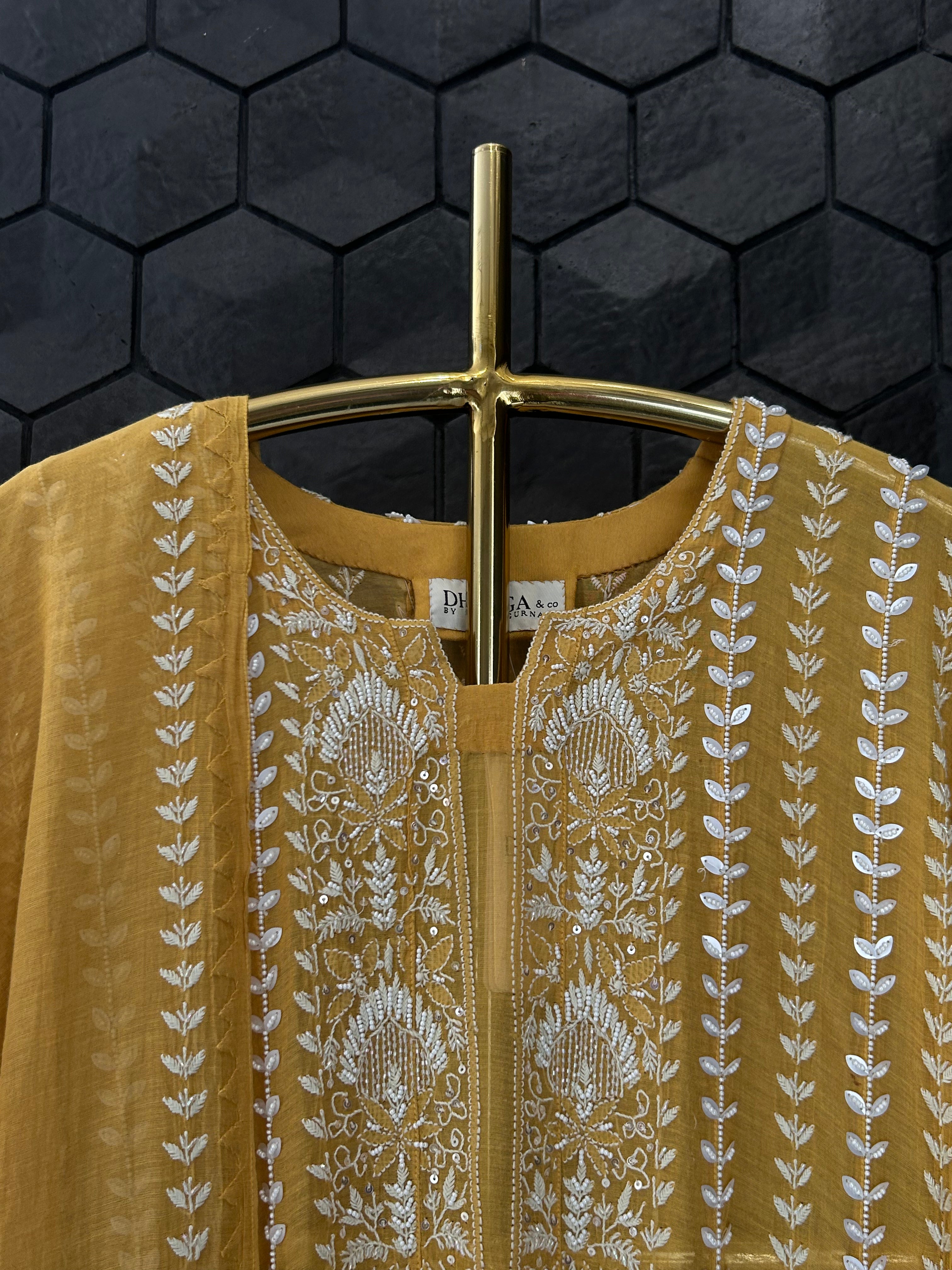 Mustard Tissue Chikankari Anarakali Set