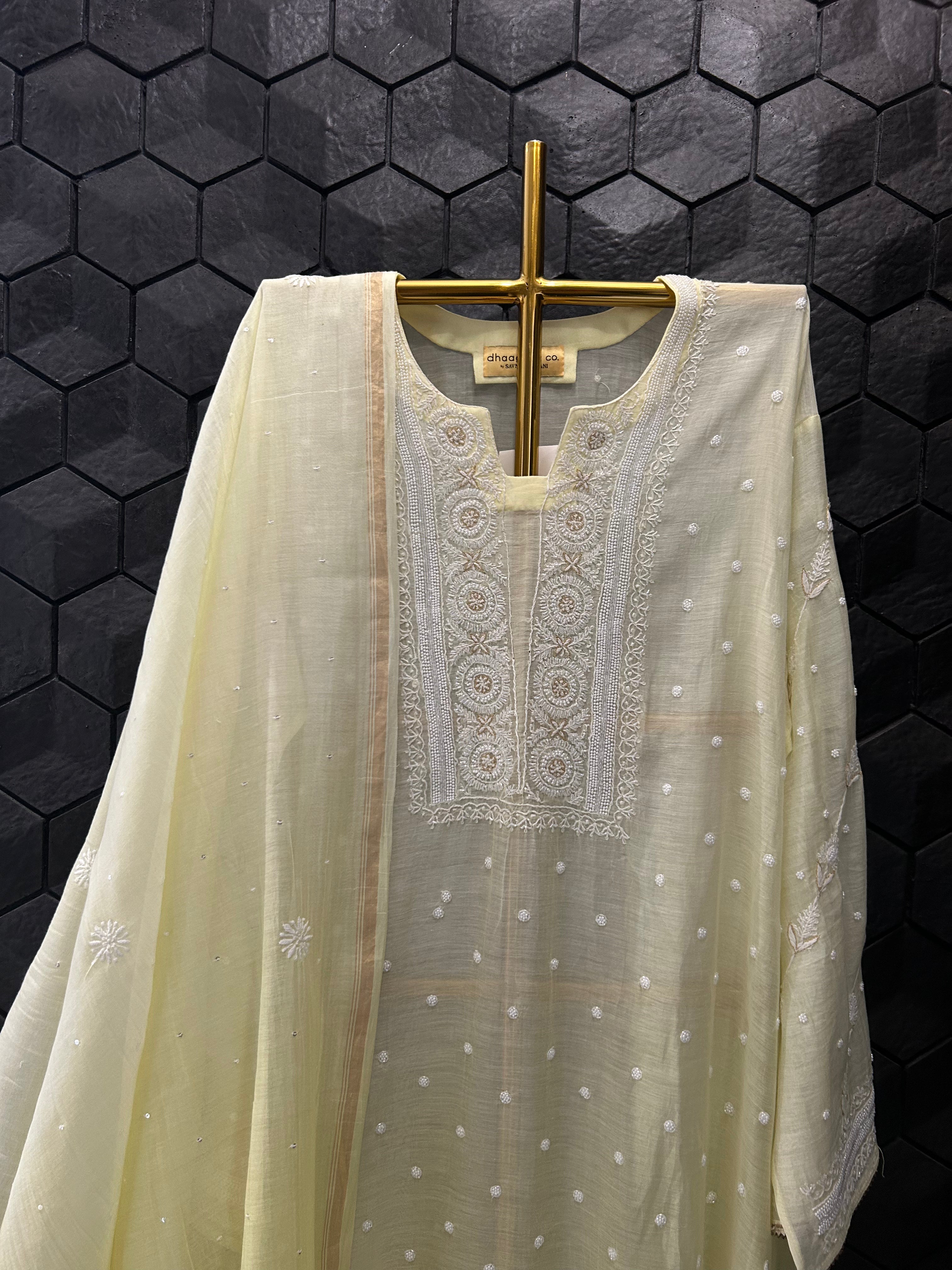 Lime Green Mul Chanderi Chikankari Kurta Set