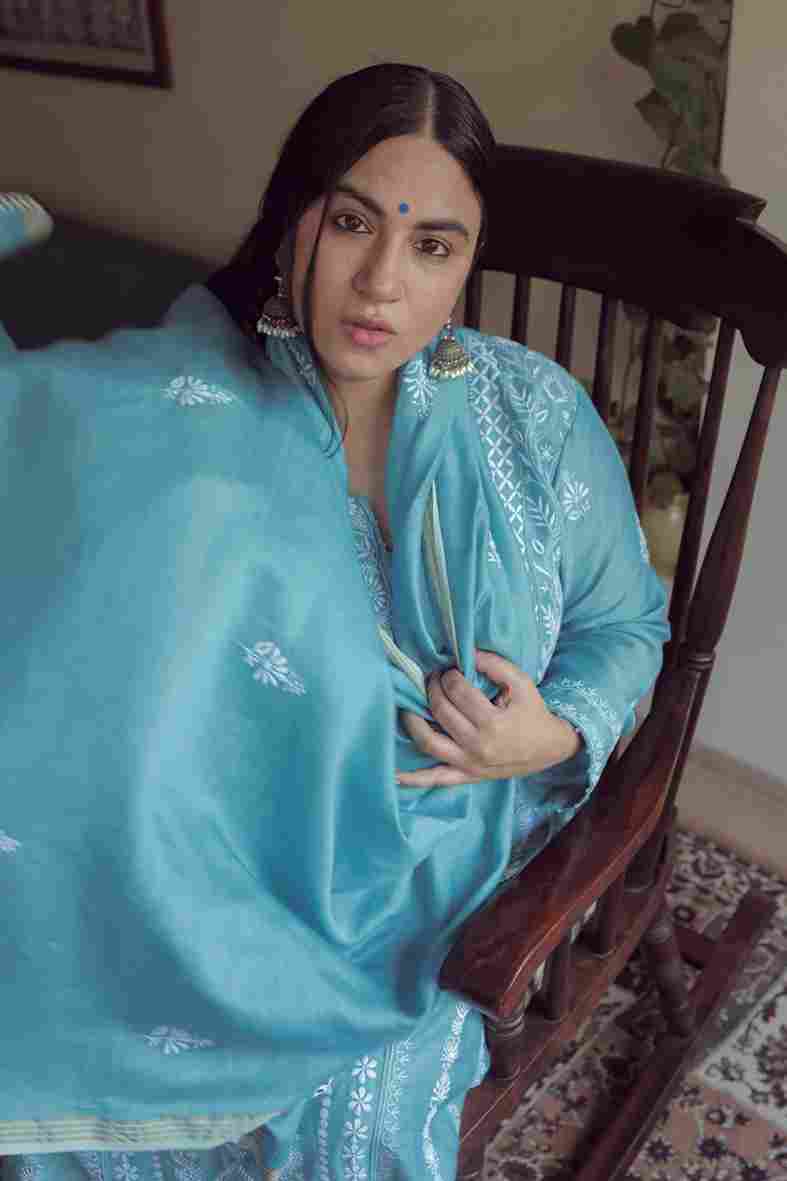 Priya Malik in our blue pure monga silk Chikankari Kurta Set
