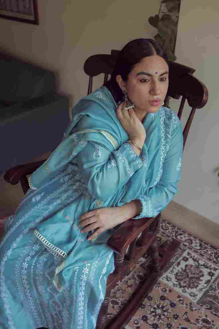 Priya Malik in our blue pure monga silk Chikankari Kurta Set