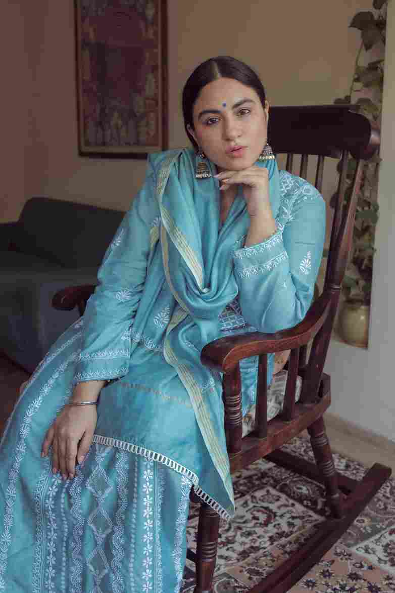Priya Malik in our blue pure monga silk Chikankari Kurta Set