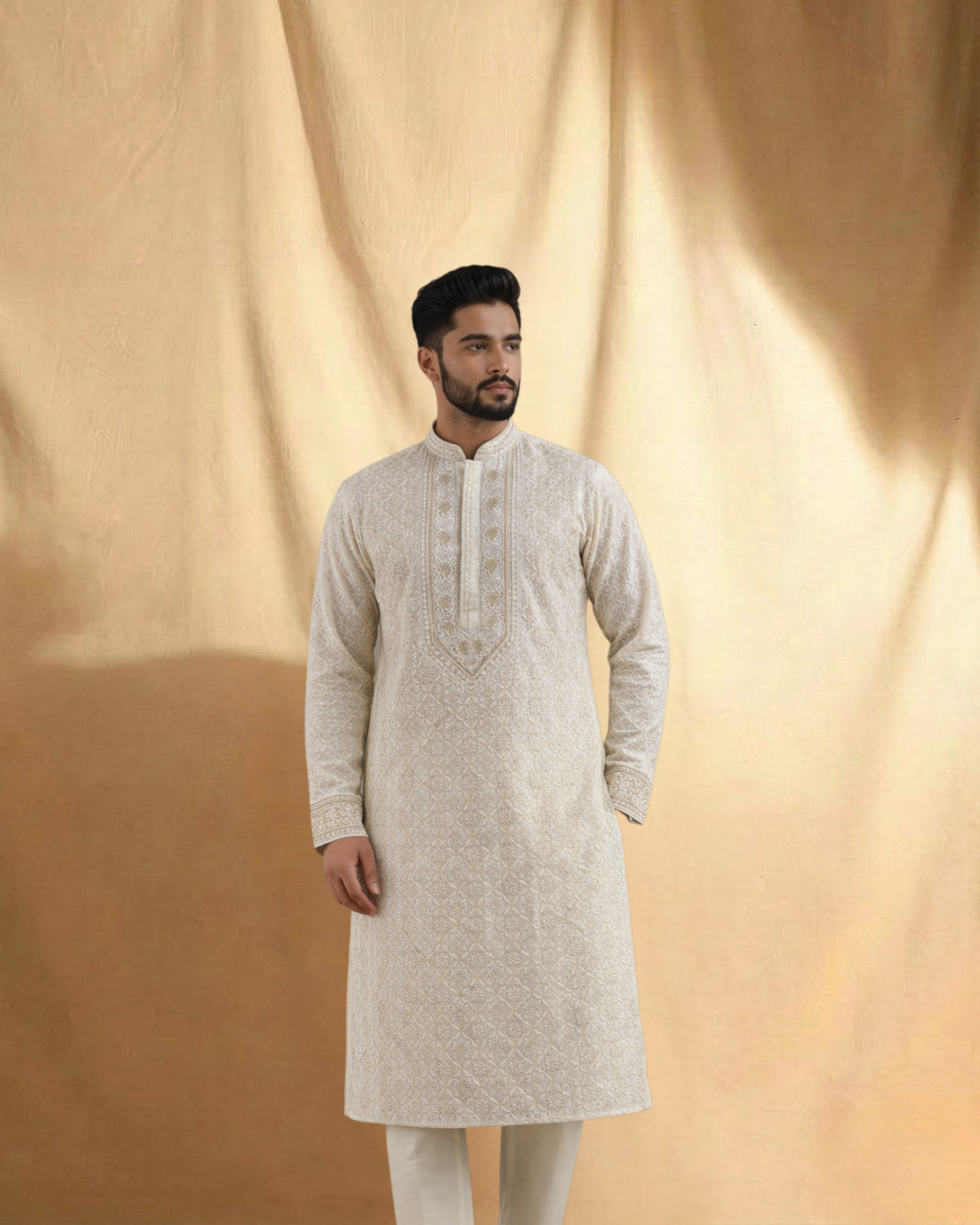 White Georgette Chikankari Mens kurta