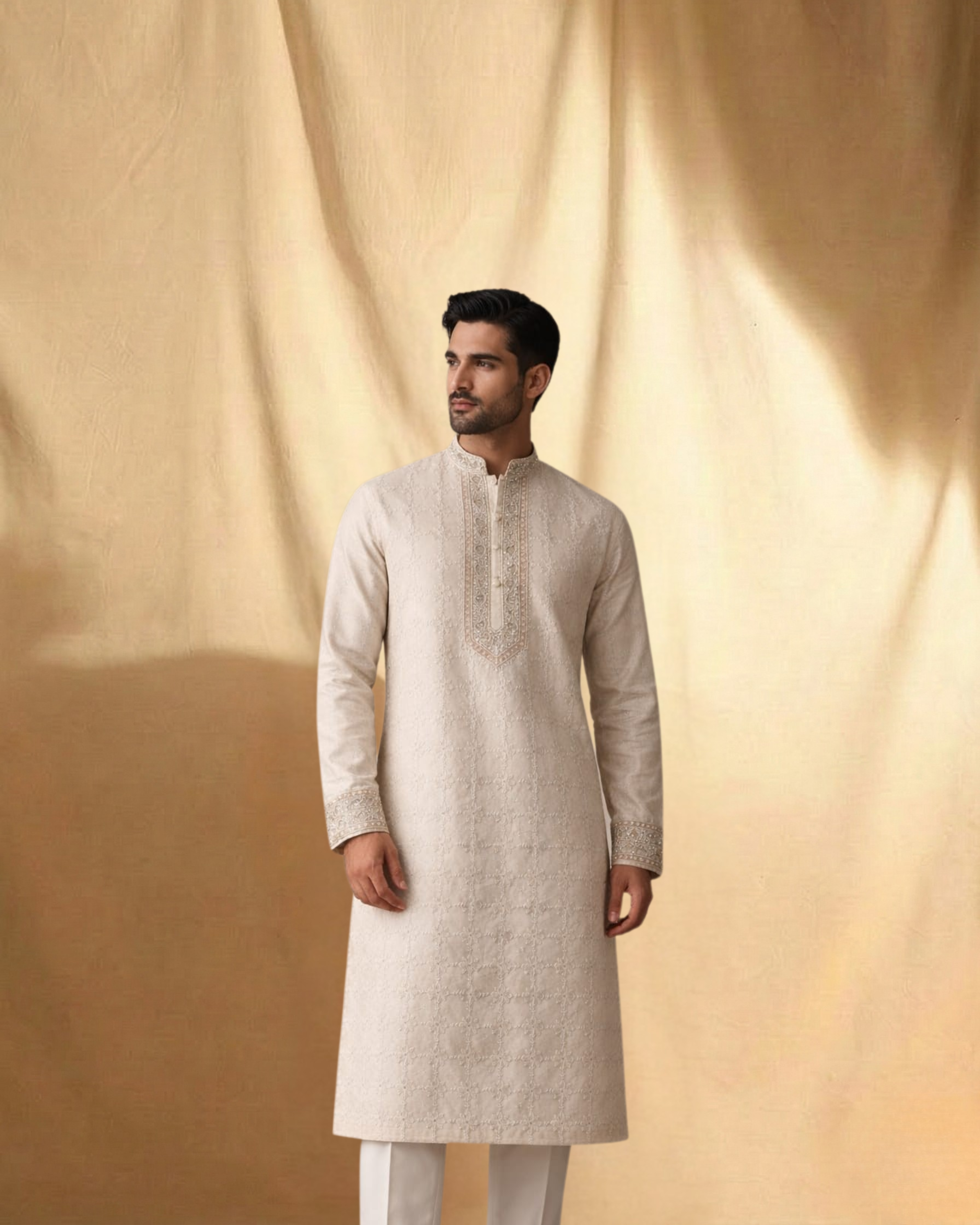 Beige Ek-Taar Munga Silk Mens Chikankari Kurta
