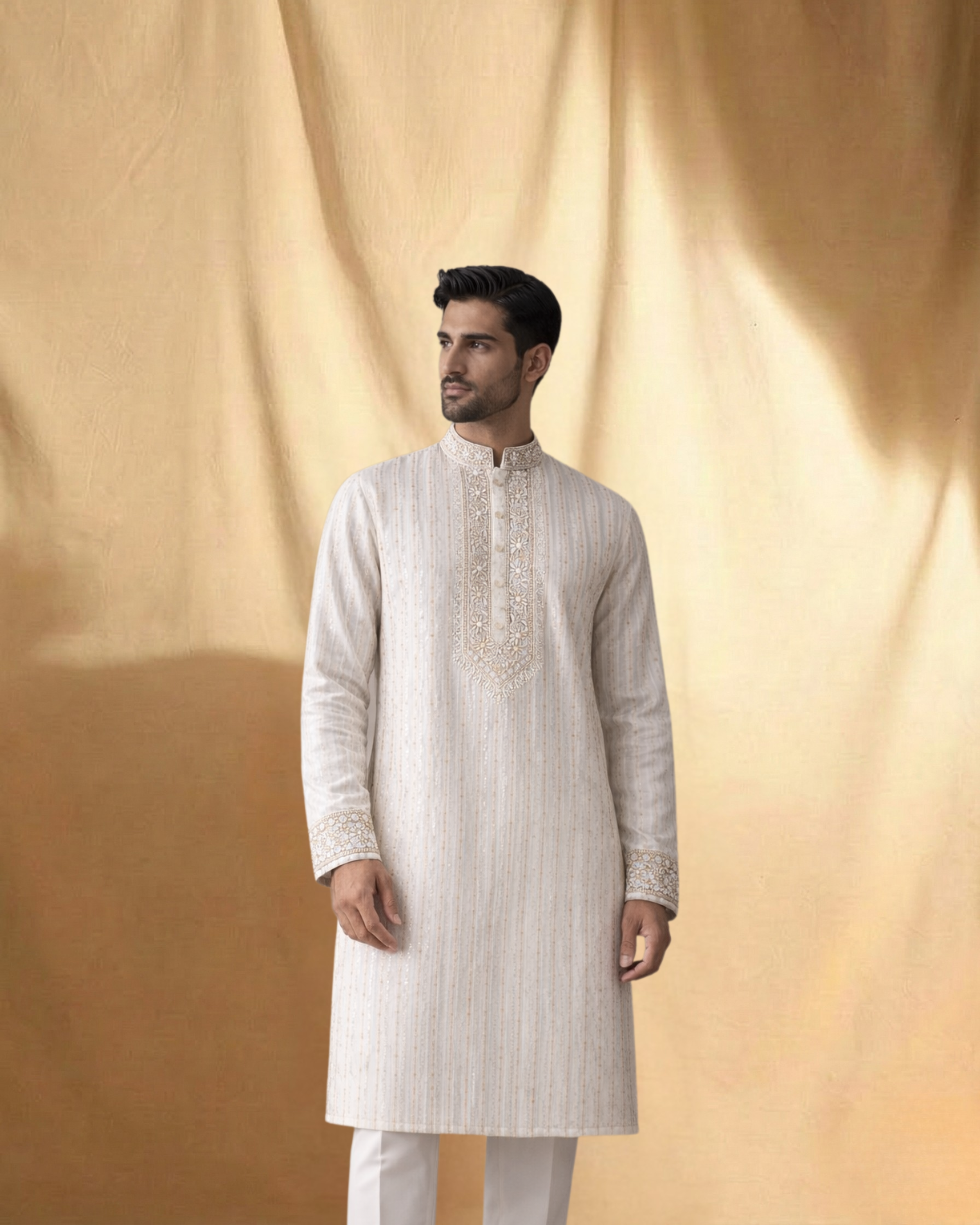 White mul chanderi chikankari men kurta