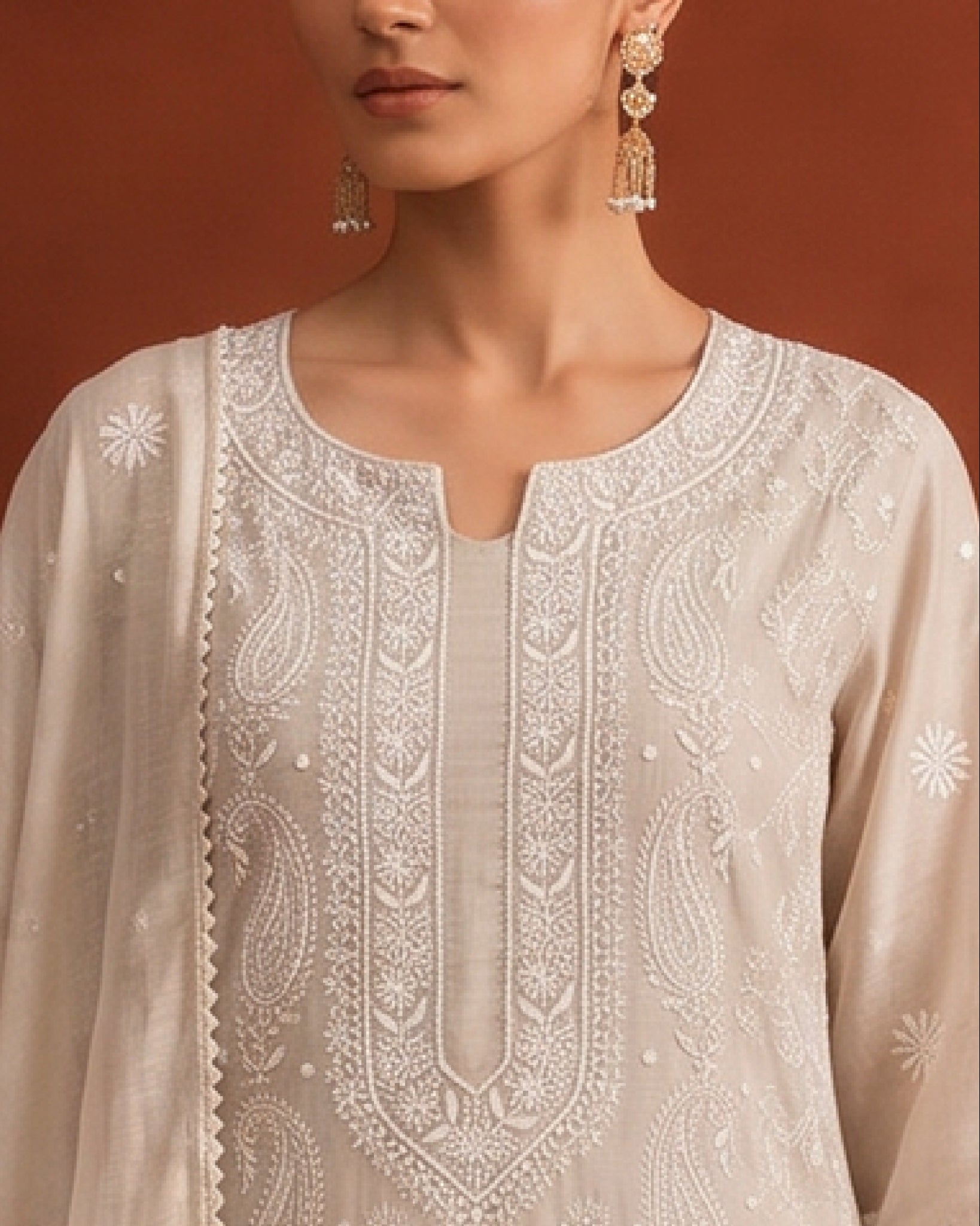 Beige Silver Tissue Full Jaal Kurta Set