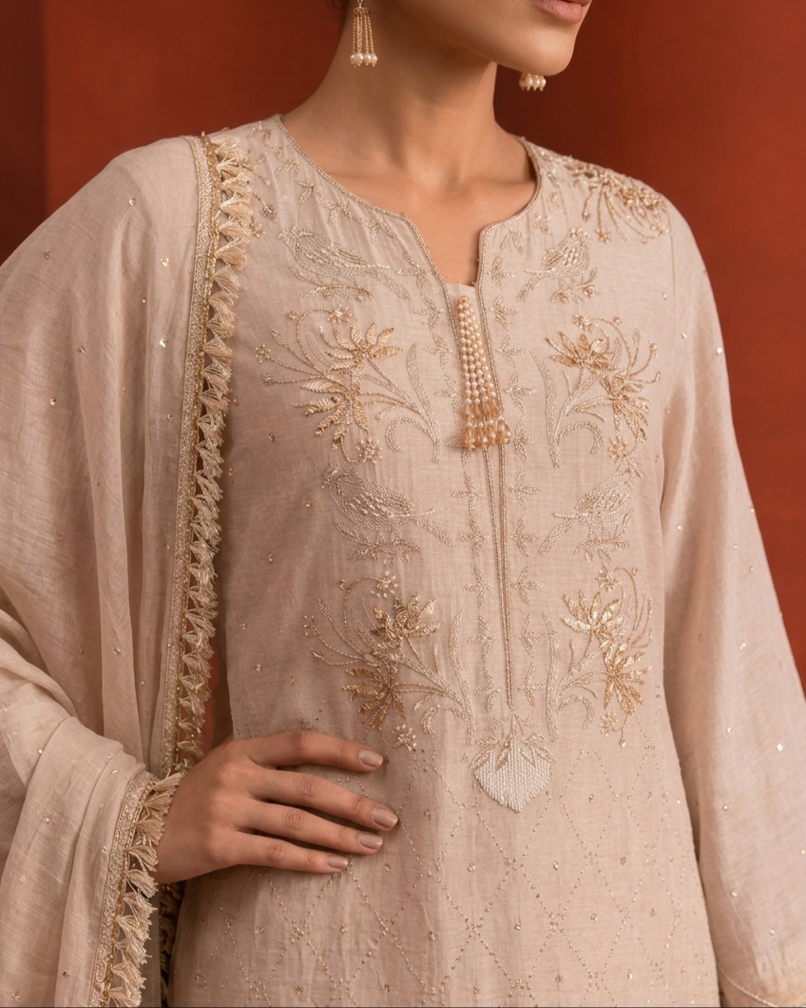 Beige Golden tissue Mukaish and Kamdani kurta