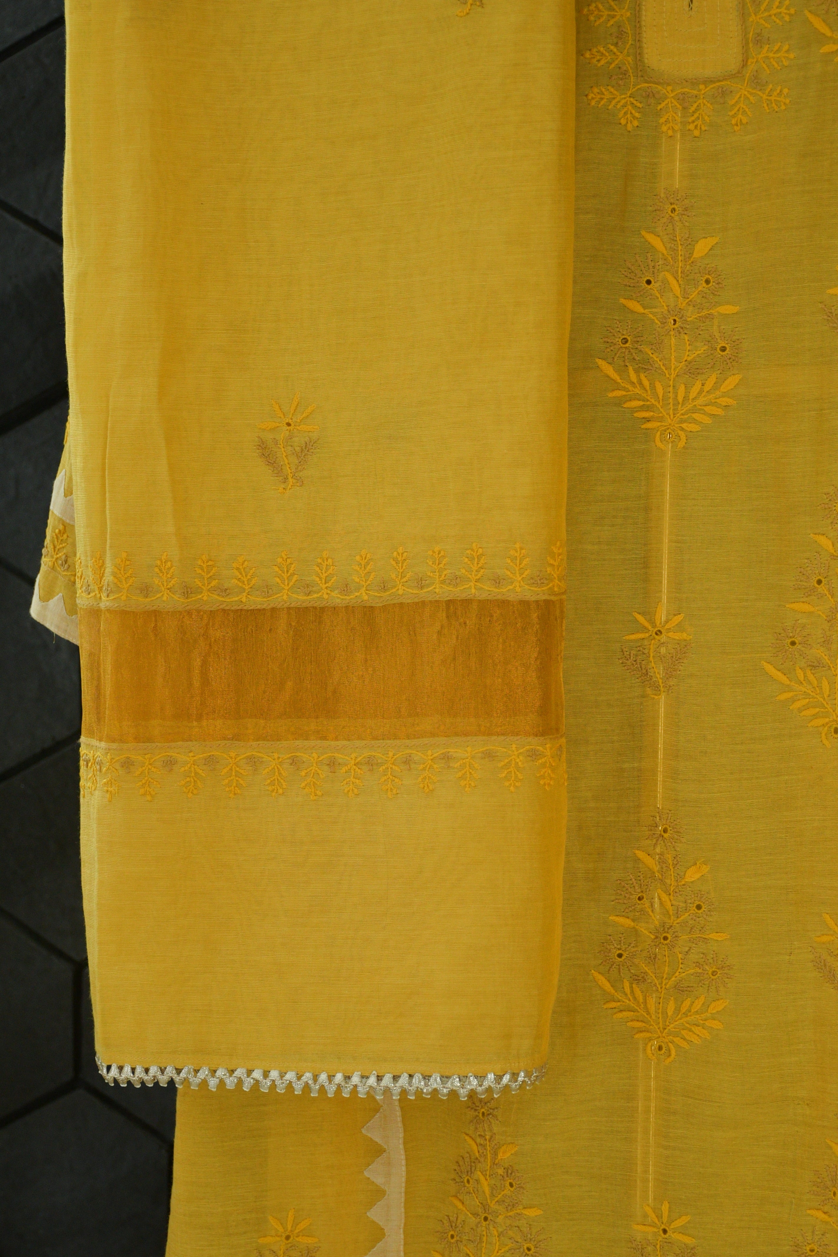 Mustard Tissue Chikankari Kurta Set