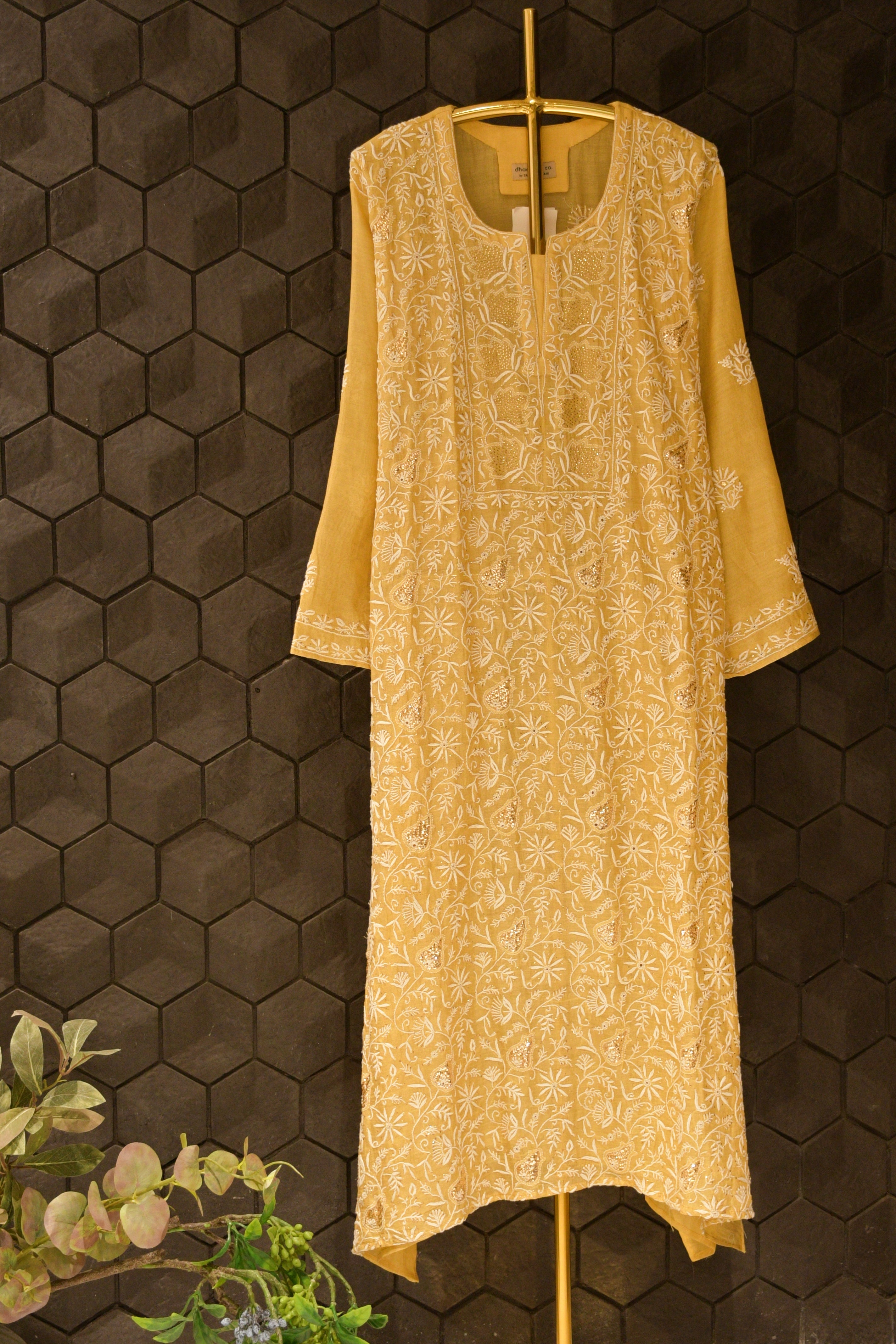 Yellow Tissue Chikankari Kurta Set