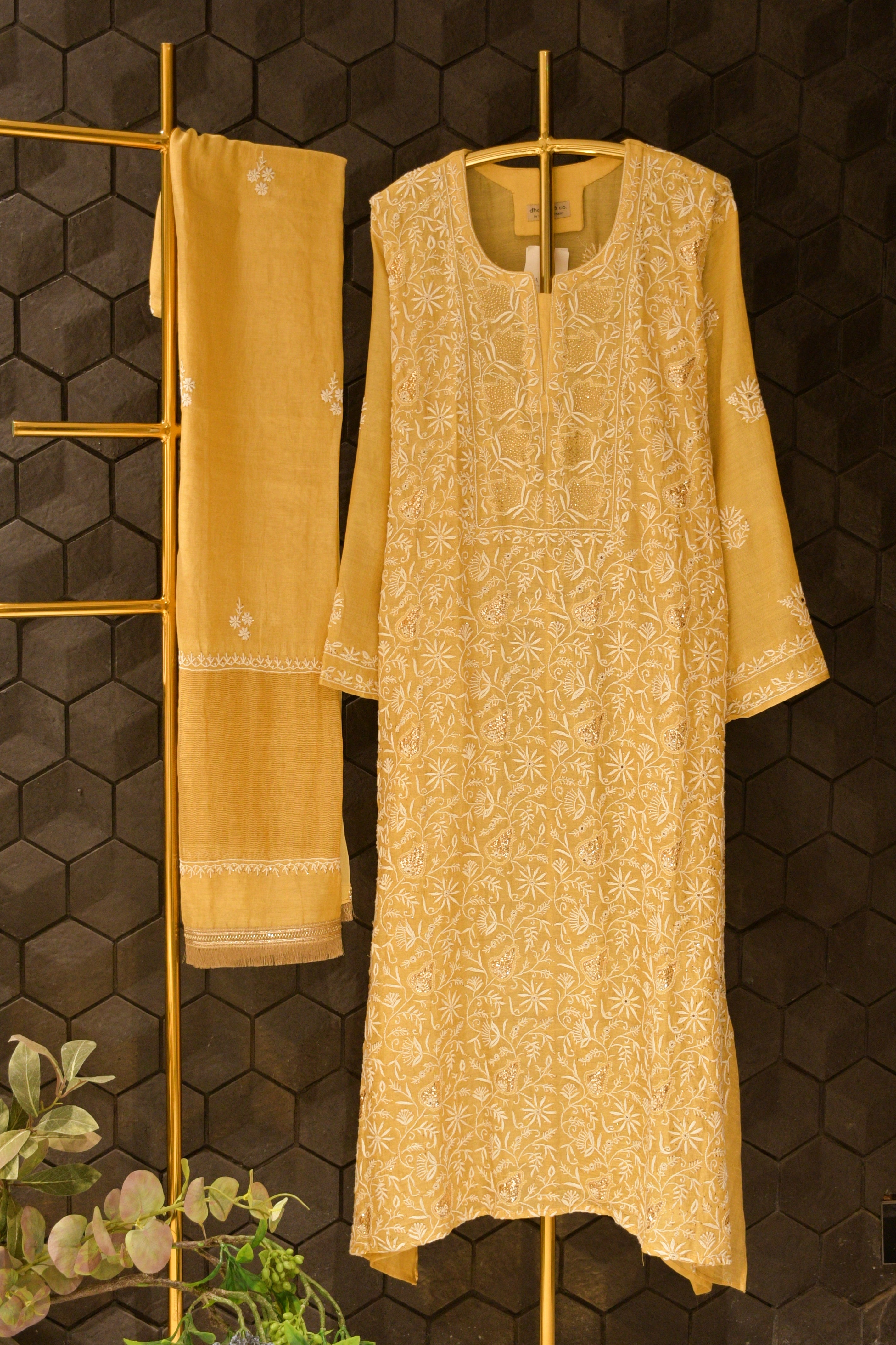 Yellow Tissue Chikankari Kurta Set