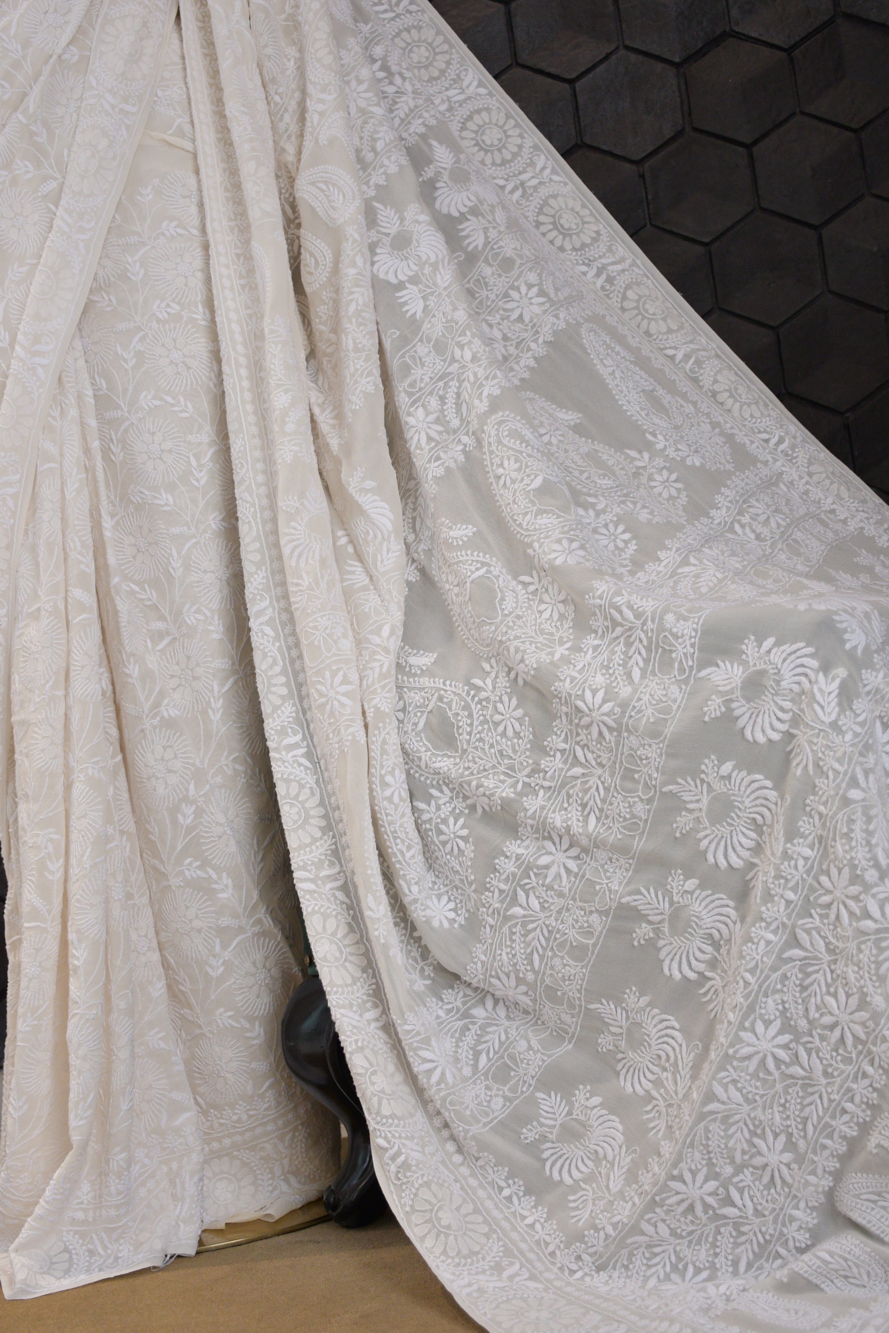 Premium White Georgette Chikankari Saree