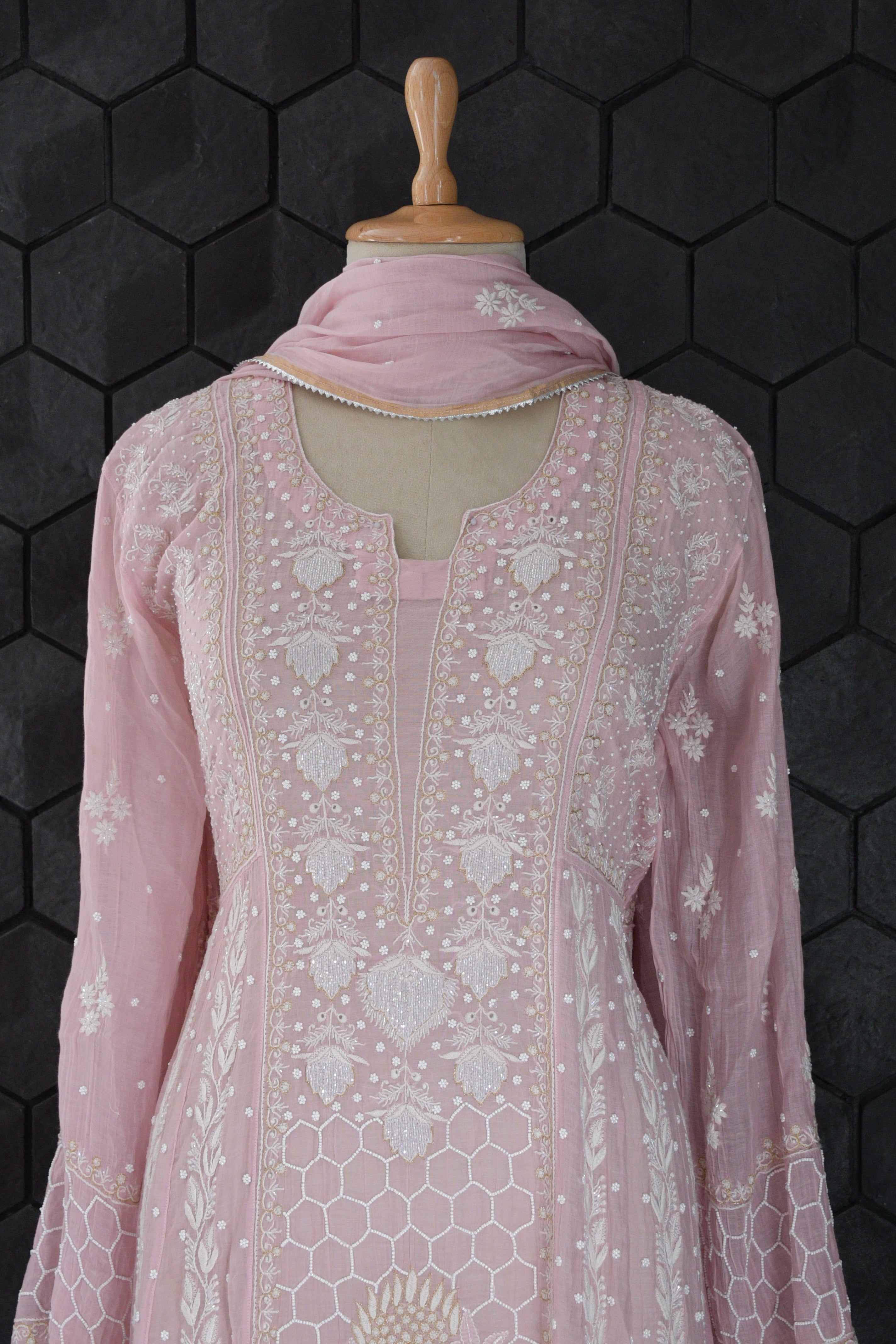 Pink Mul chanderi chikankari anarkali set
