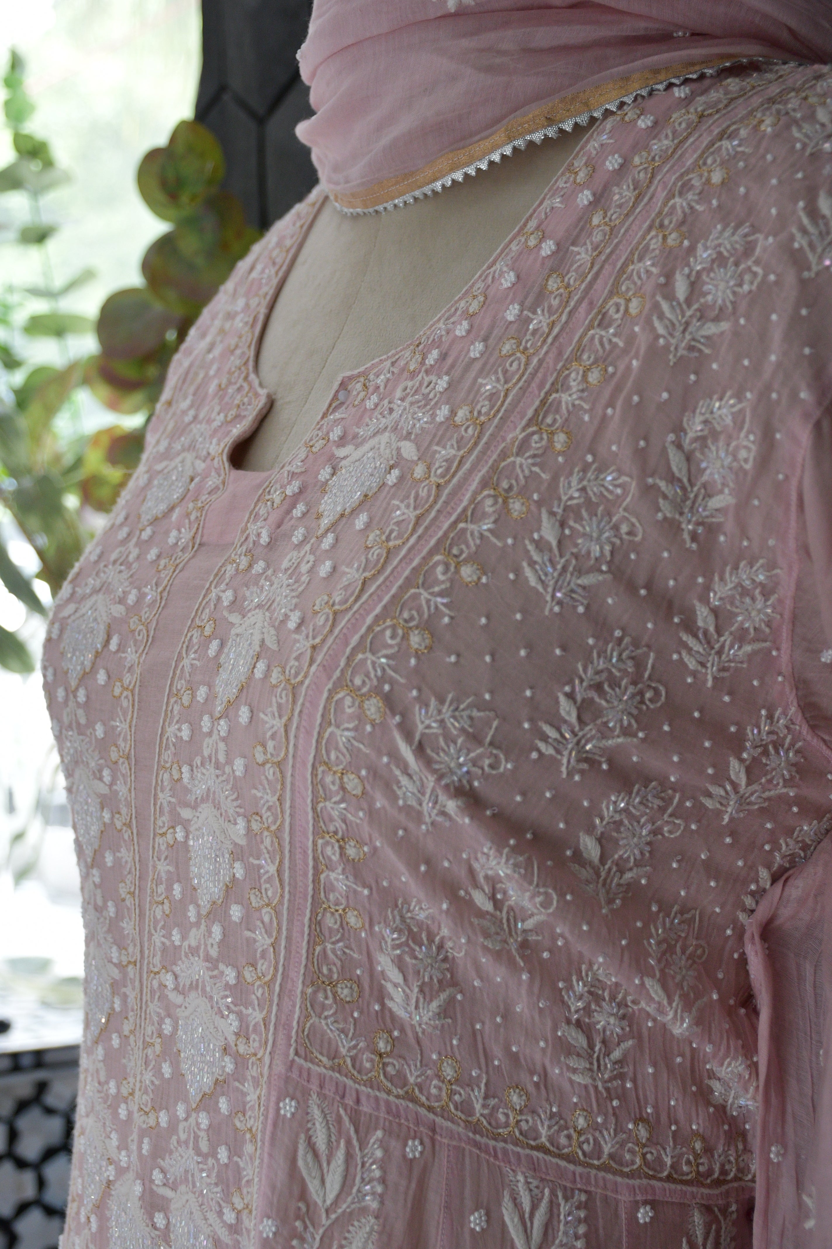 Pink Mul chanderi chikankari anarkali set