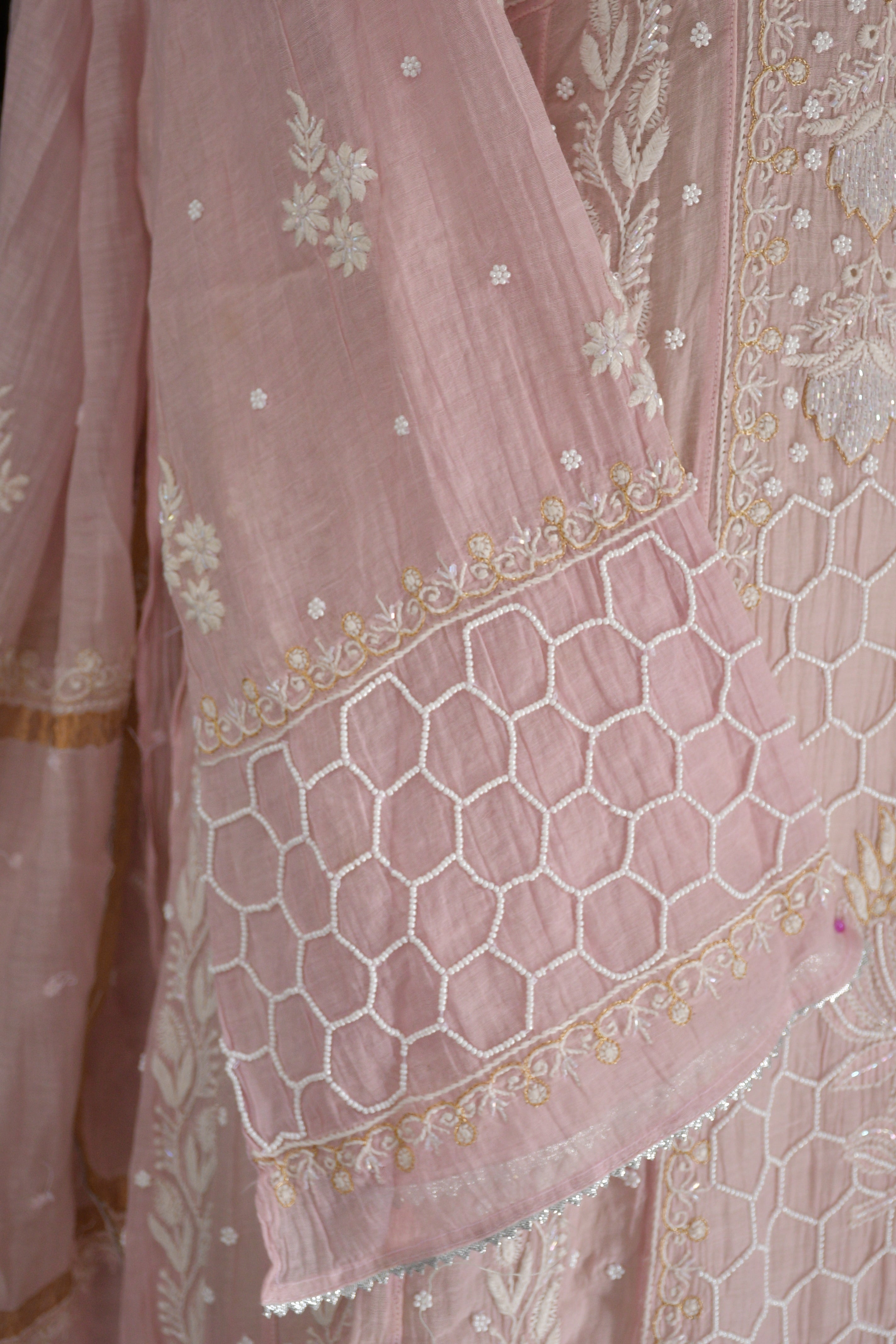 Pink Mul chanderi chikankari anarkali set