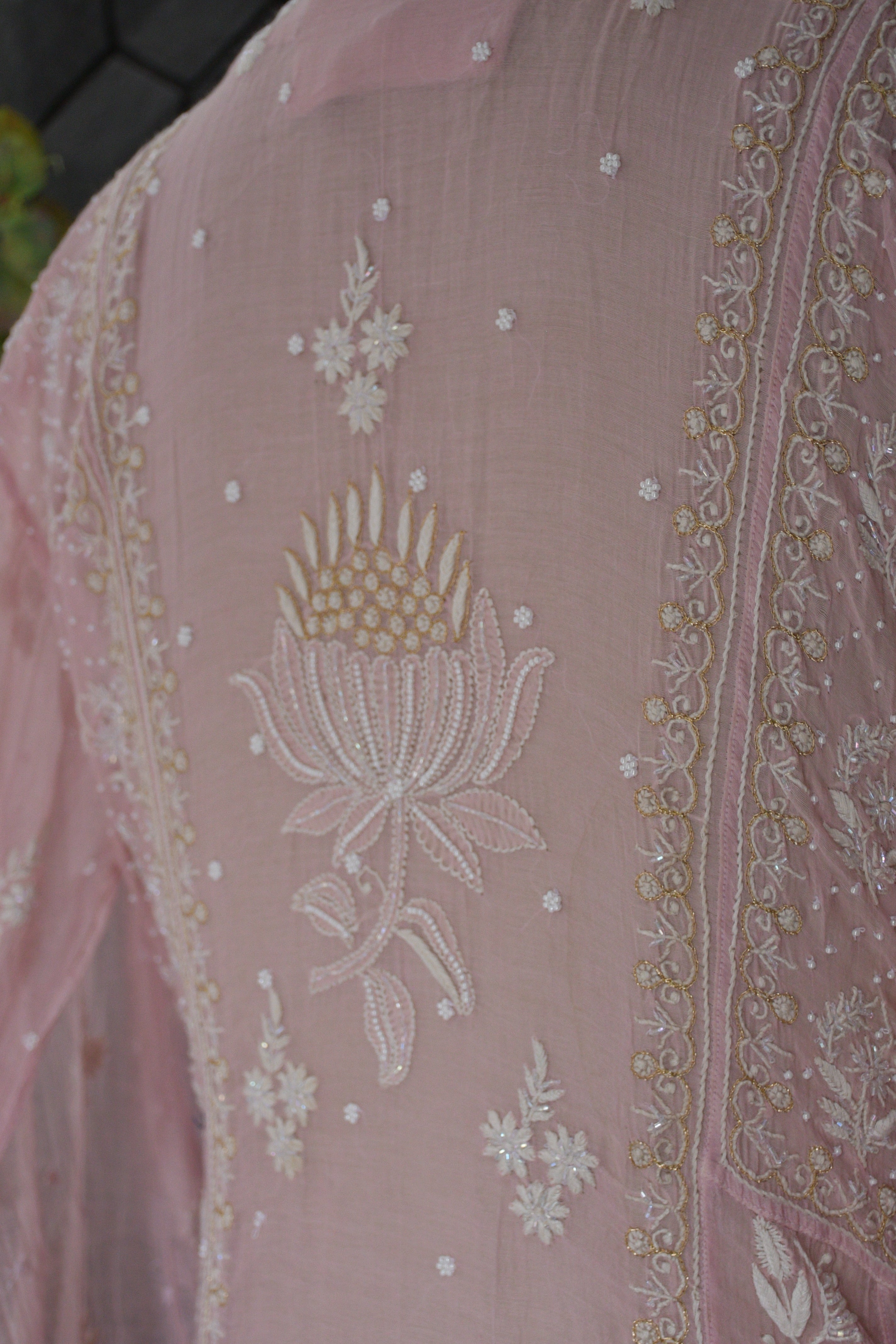 Pink Mul chanderi chikankari anarkali set