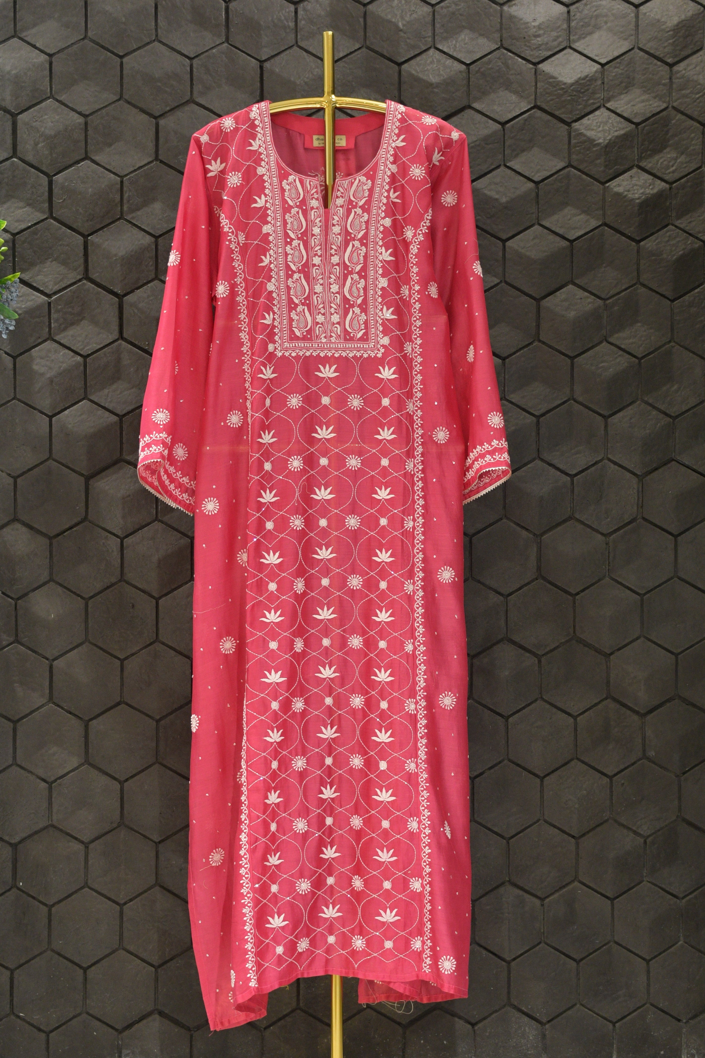Fuchsia Chanderi Jaal Panel Straight Chikankari Kurta Set