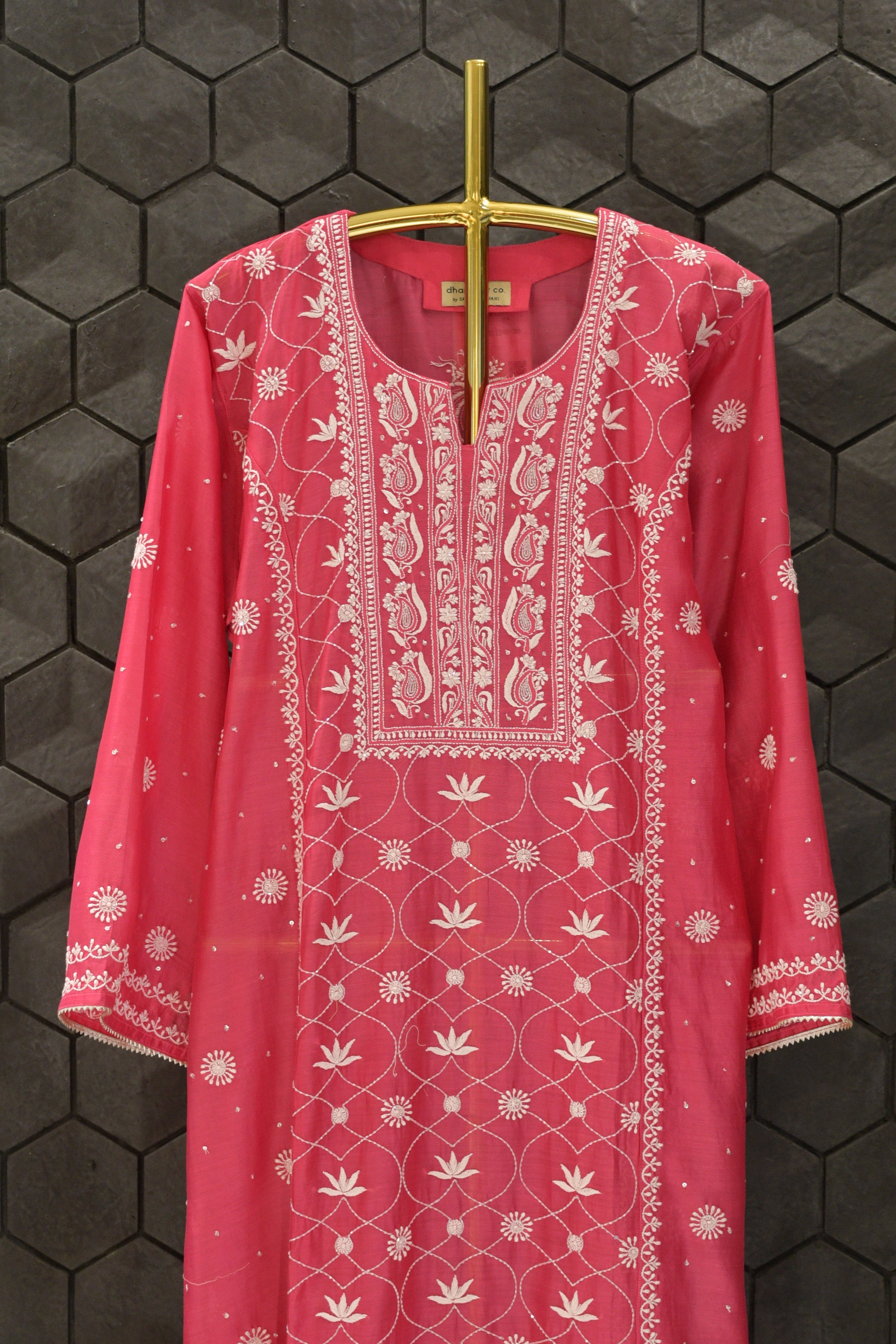 Fuchsia Chanderi Jaal Panel Straight Chikankari Kurta Set