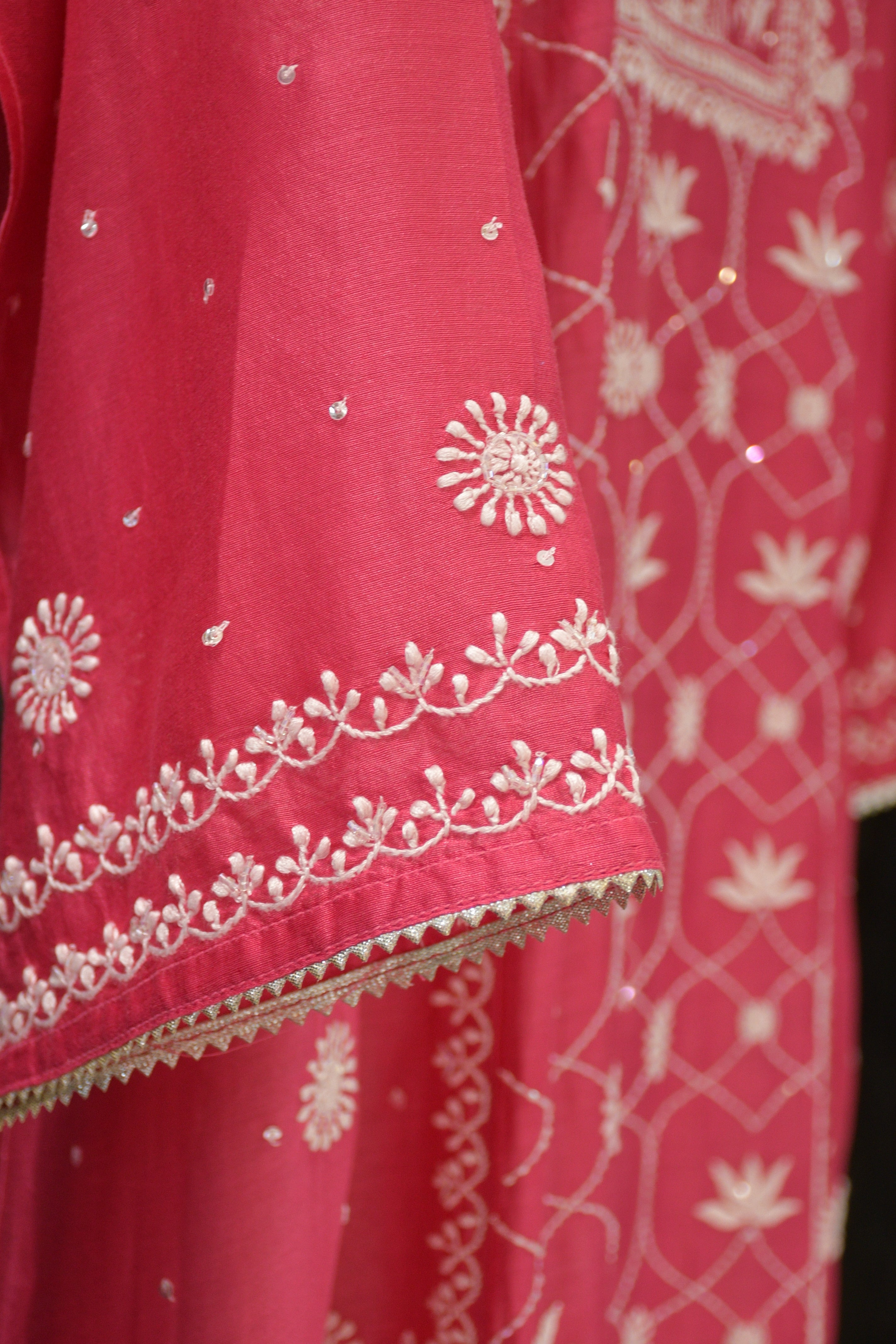 Fuchsia Chanderi Jaal Panel Straight Chikankari Kurta Set