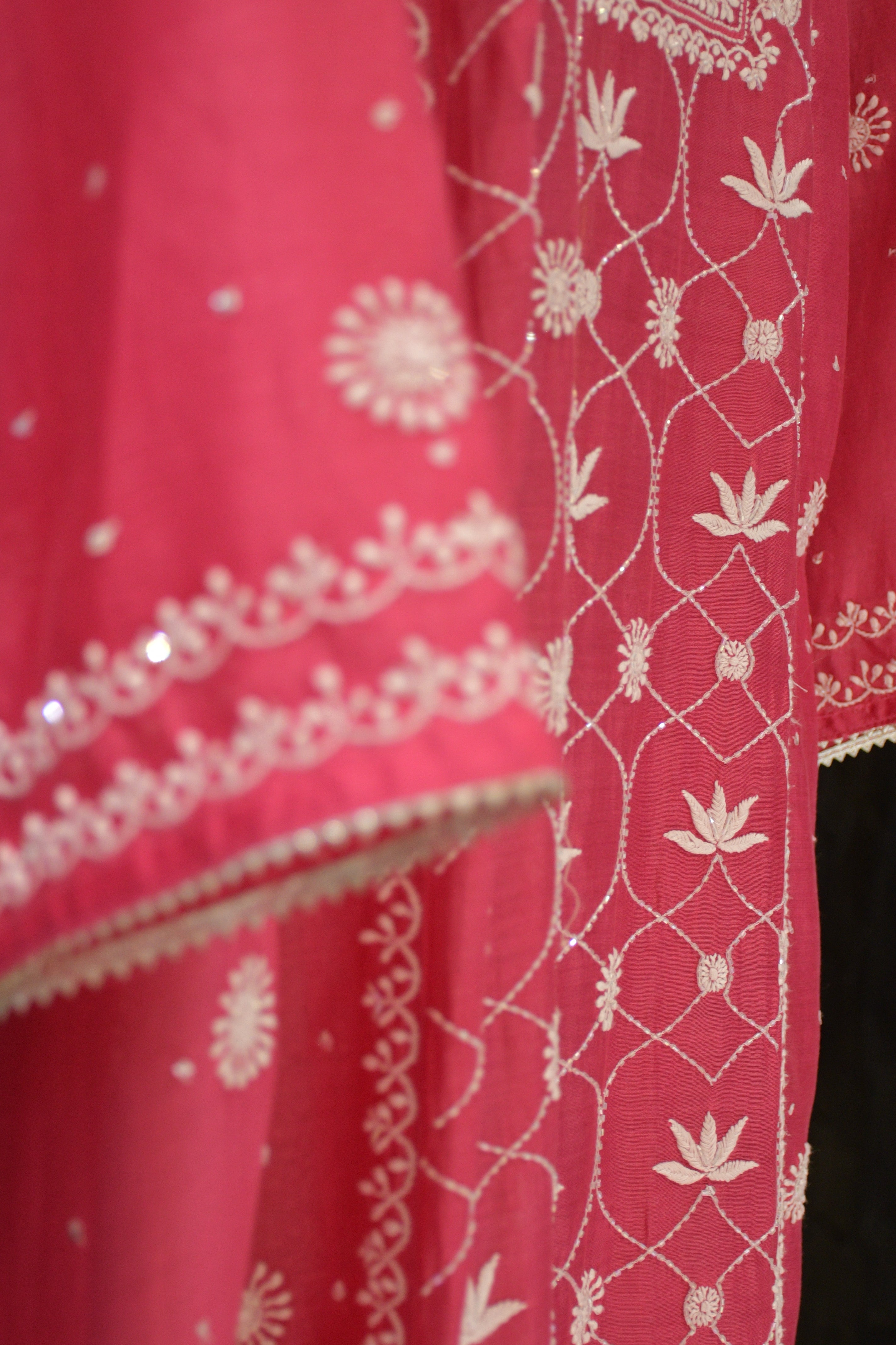 Fuchsia Chanderi Jaal Panel Straight Chikankari Kurta Set