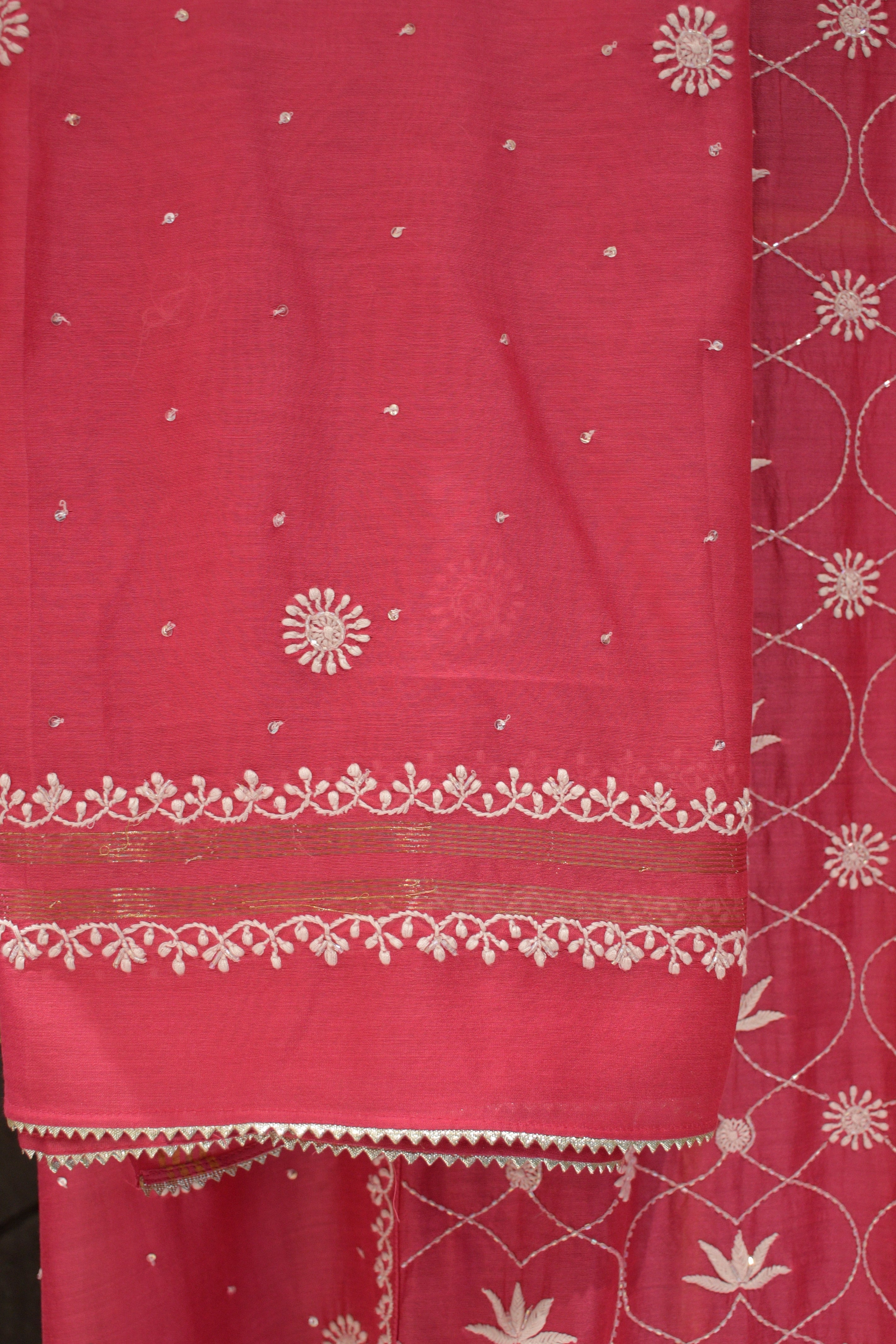 Fuchsia Chanderi Jaal Panel Straight Chikankari Kurta Set