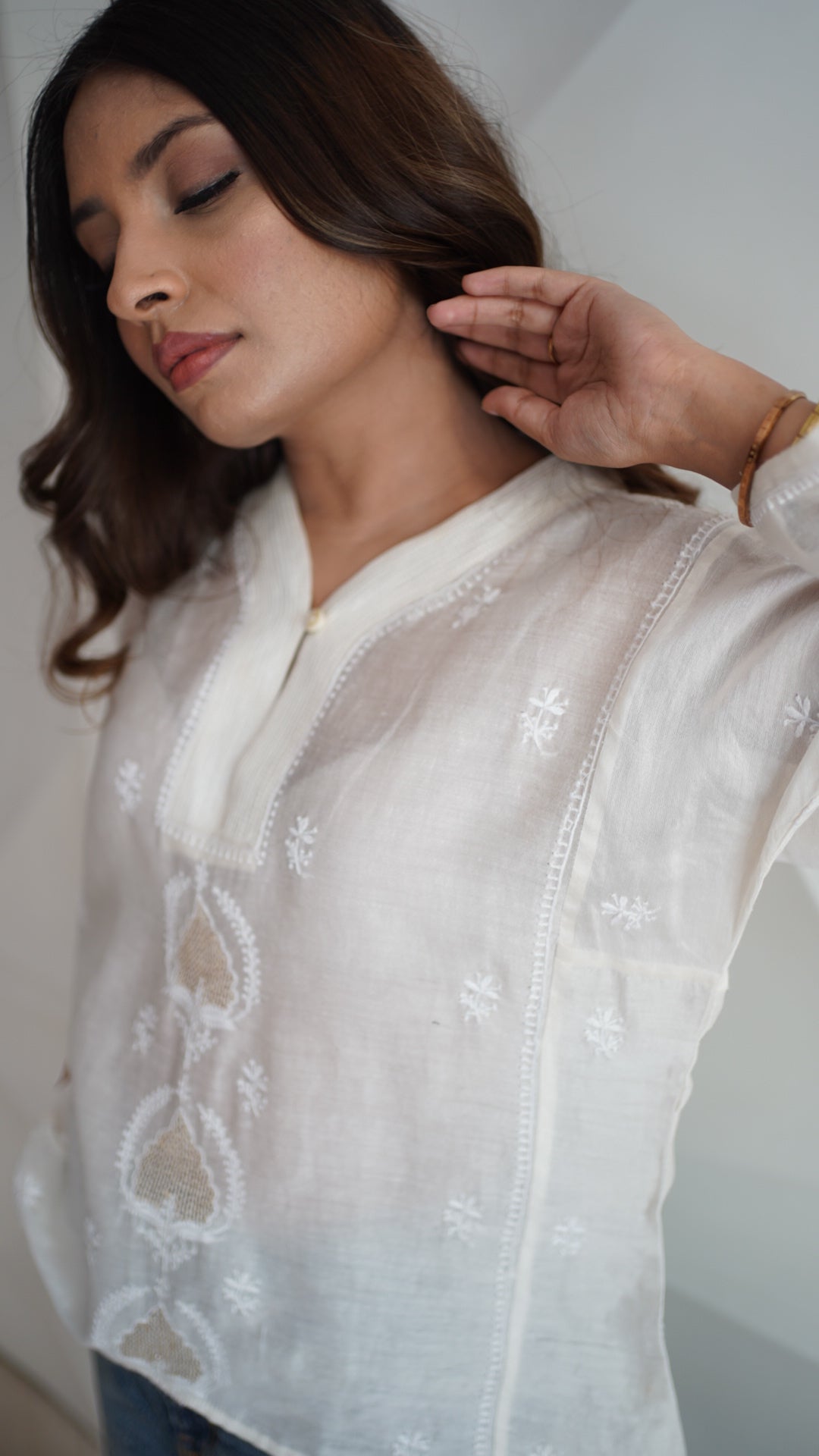 White Chanderi Awadhi jaali shirt