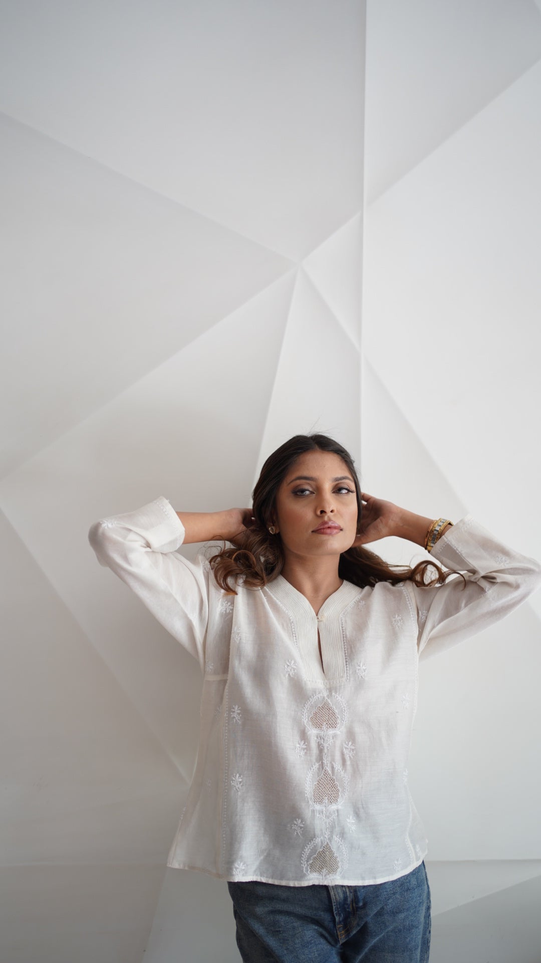 White Chanderi Awadhi jaali shirt