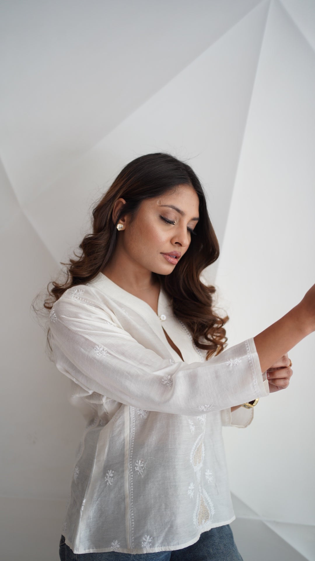 White Chanderi Awadhi jaali shirt