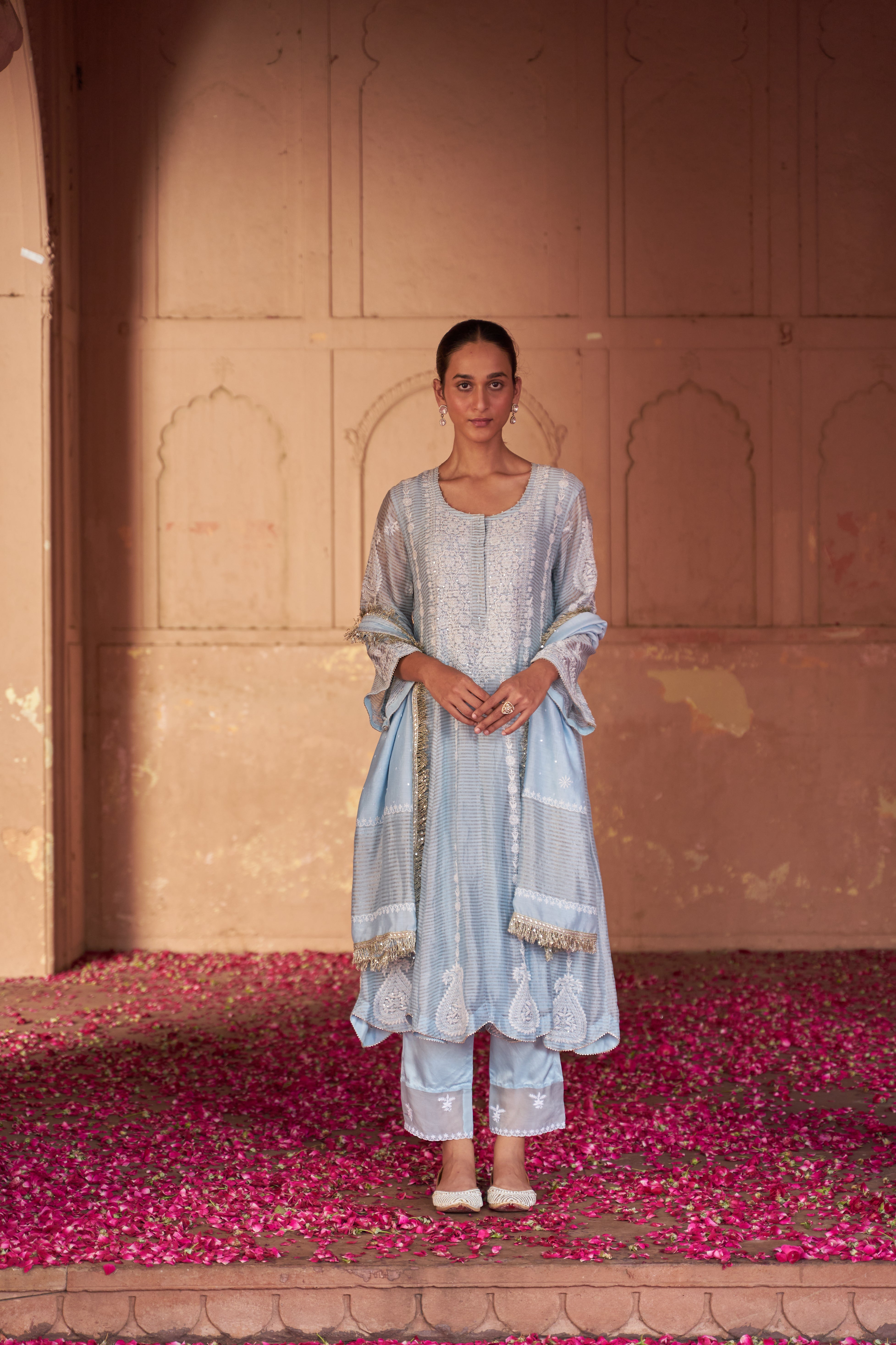 Sky Blue Stripe Tissue Chikankari Anarkali set