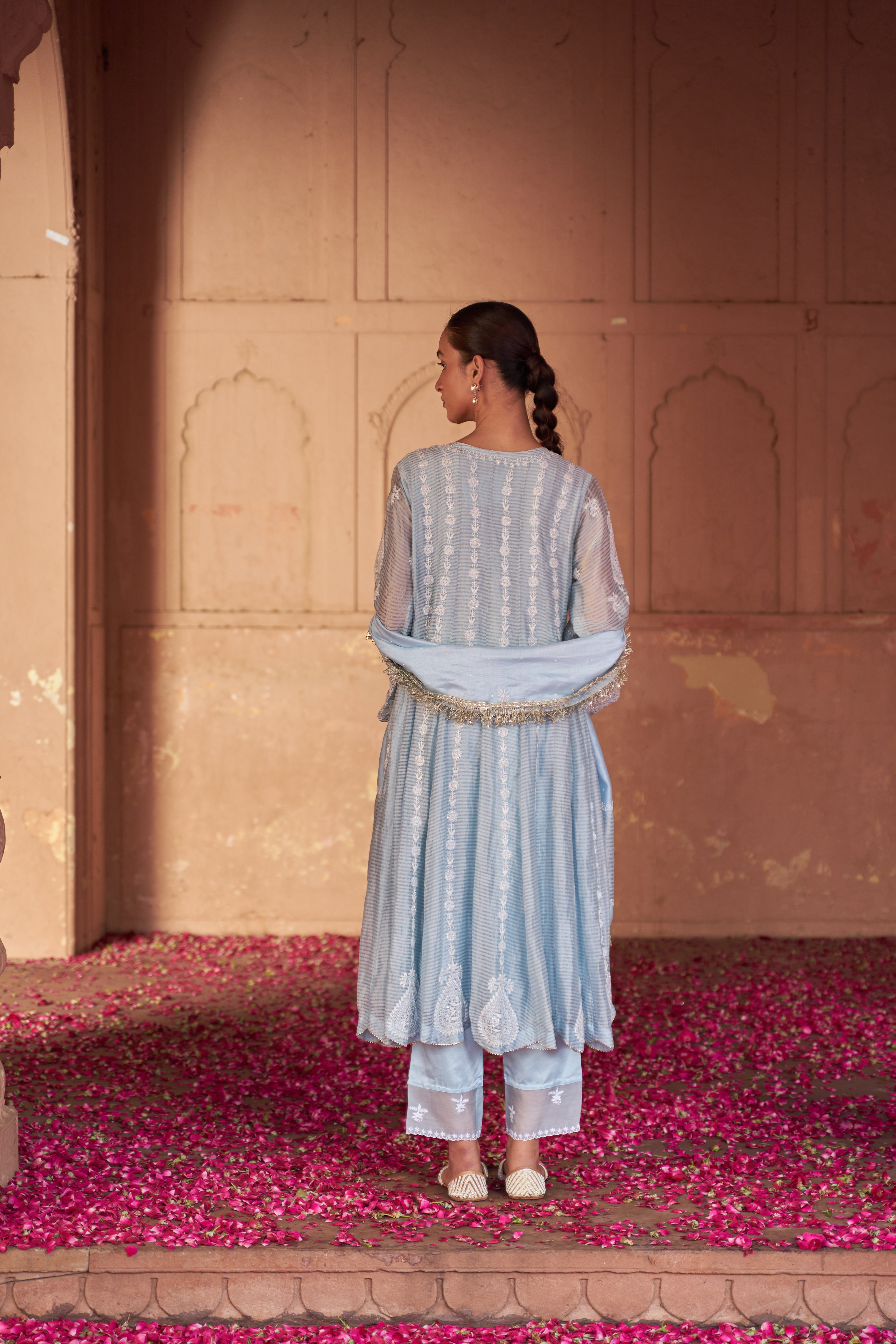 Sky Blue Stripe Tissue Chikankari Anarkali set
