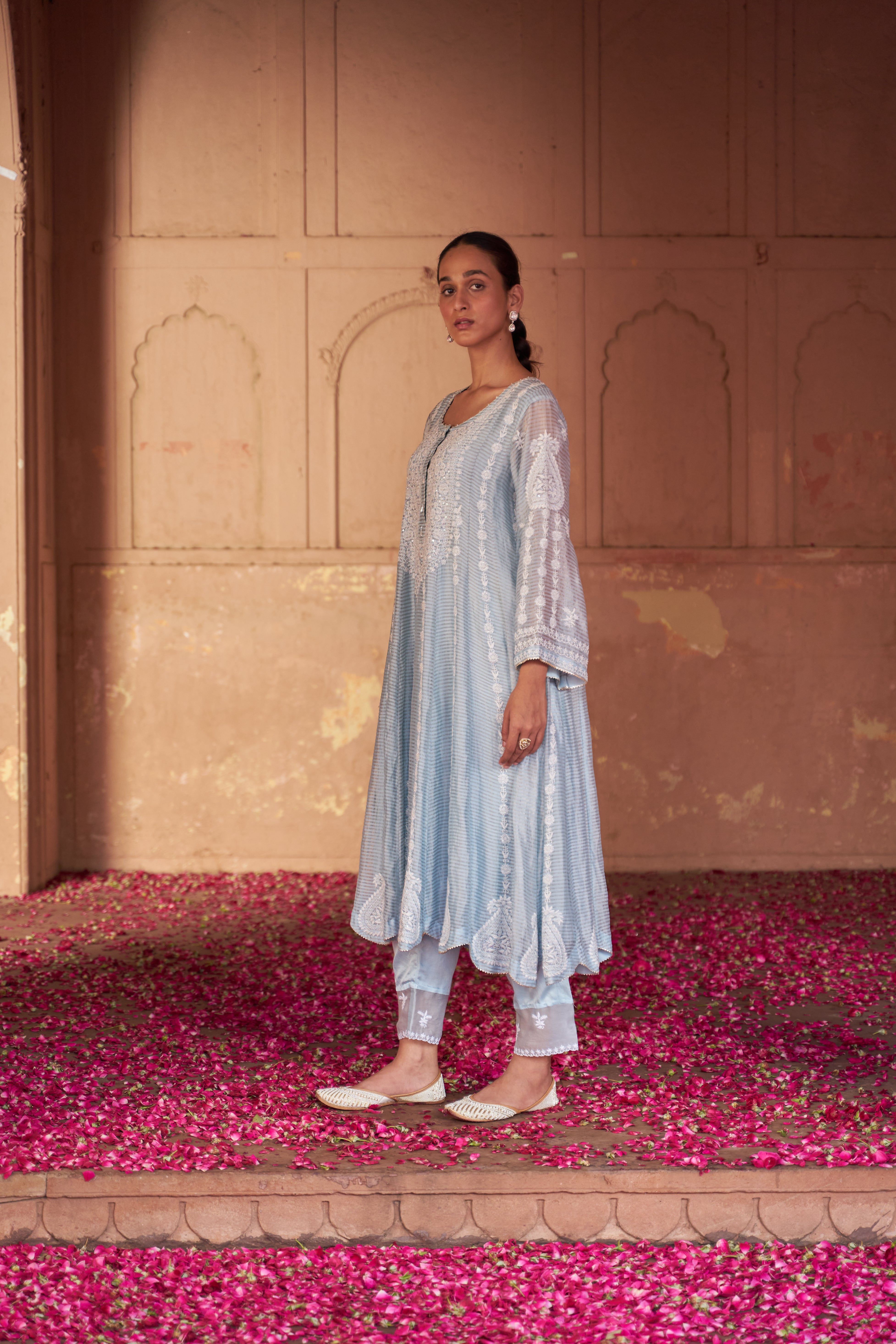 Sky Blue Stripe Tissue Chikankari Anarkali set