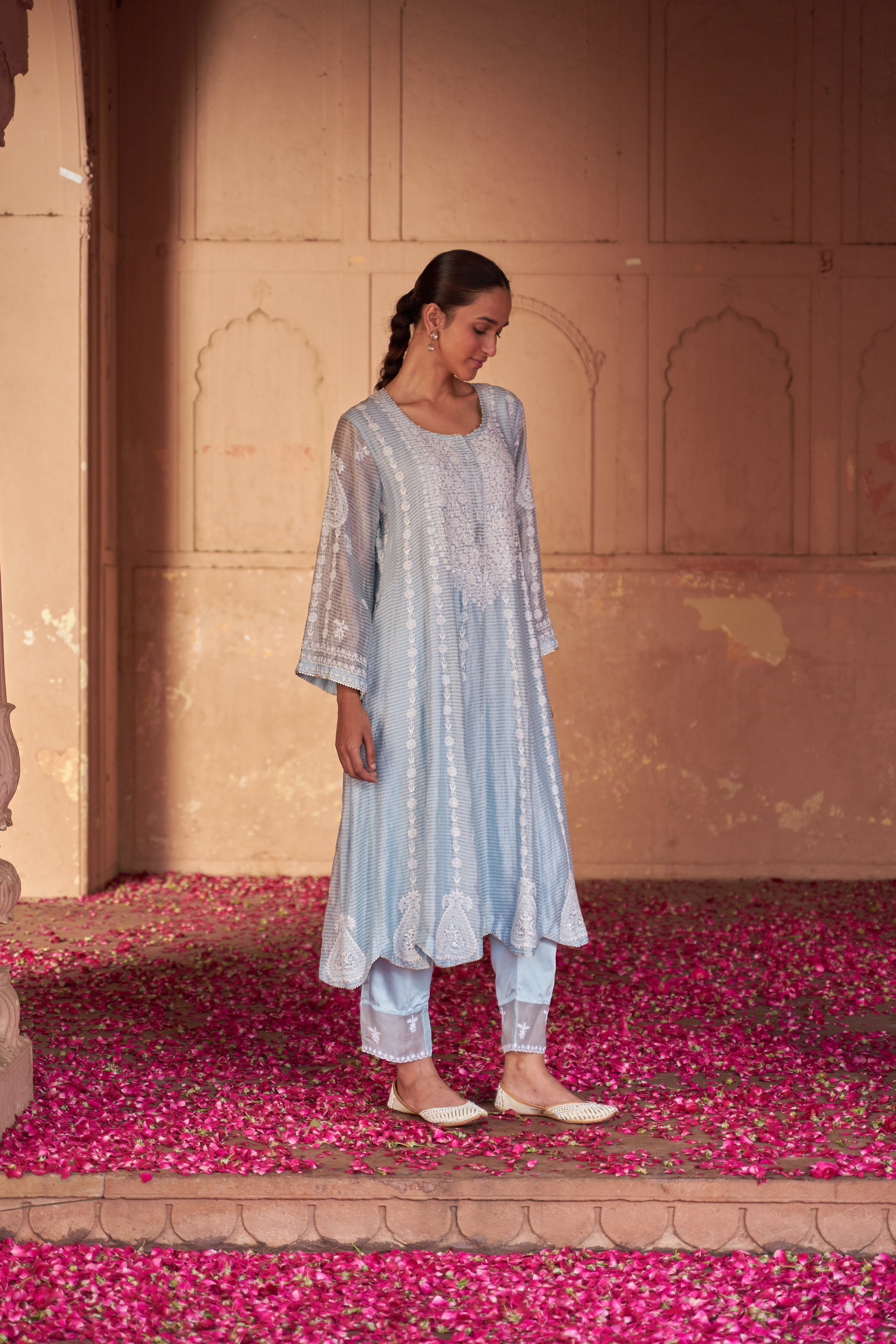 Sky Blue Stripe Tissue Chikankari Anarkali set