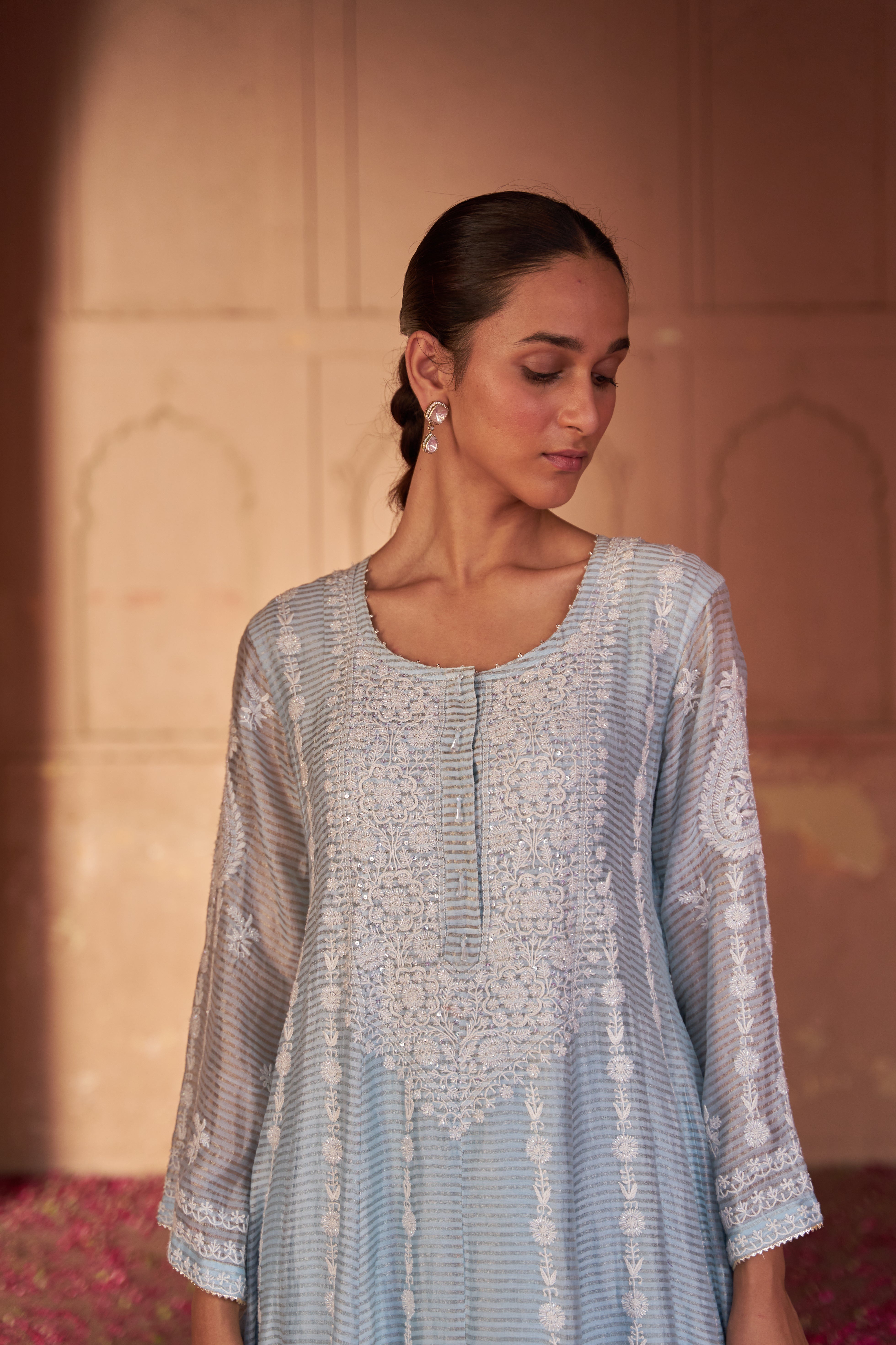 Sky Blue Stripe Tissue Chikankari Anarkali set