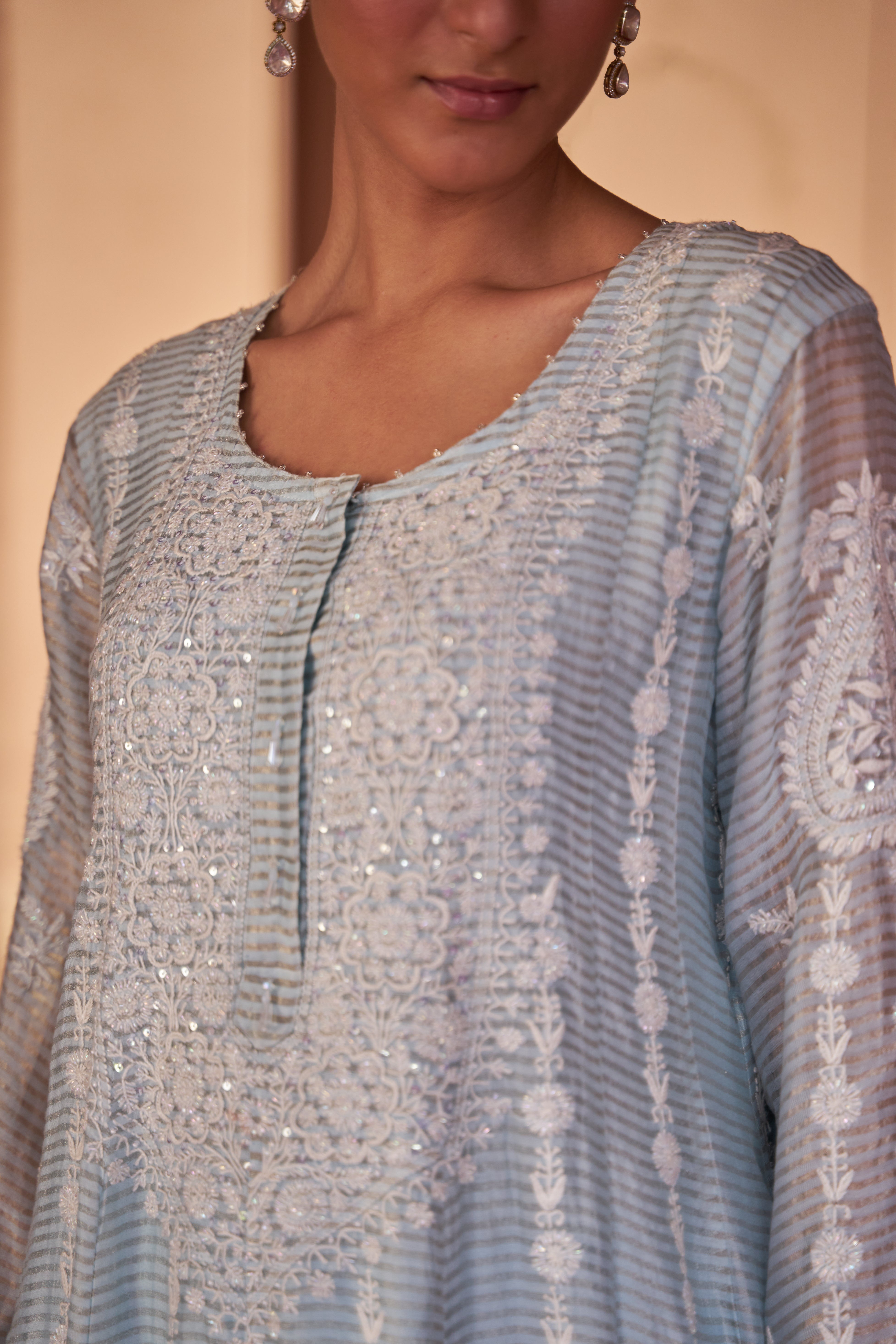 Sky Blue Stripe Tissue Chikankari Anarkali set