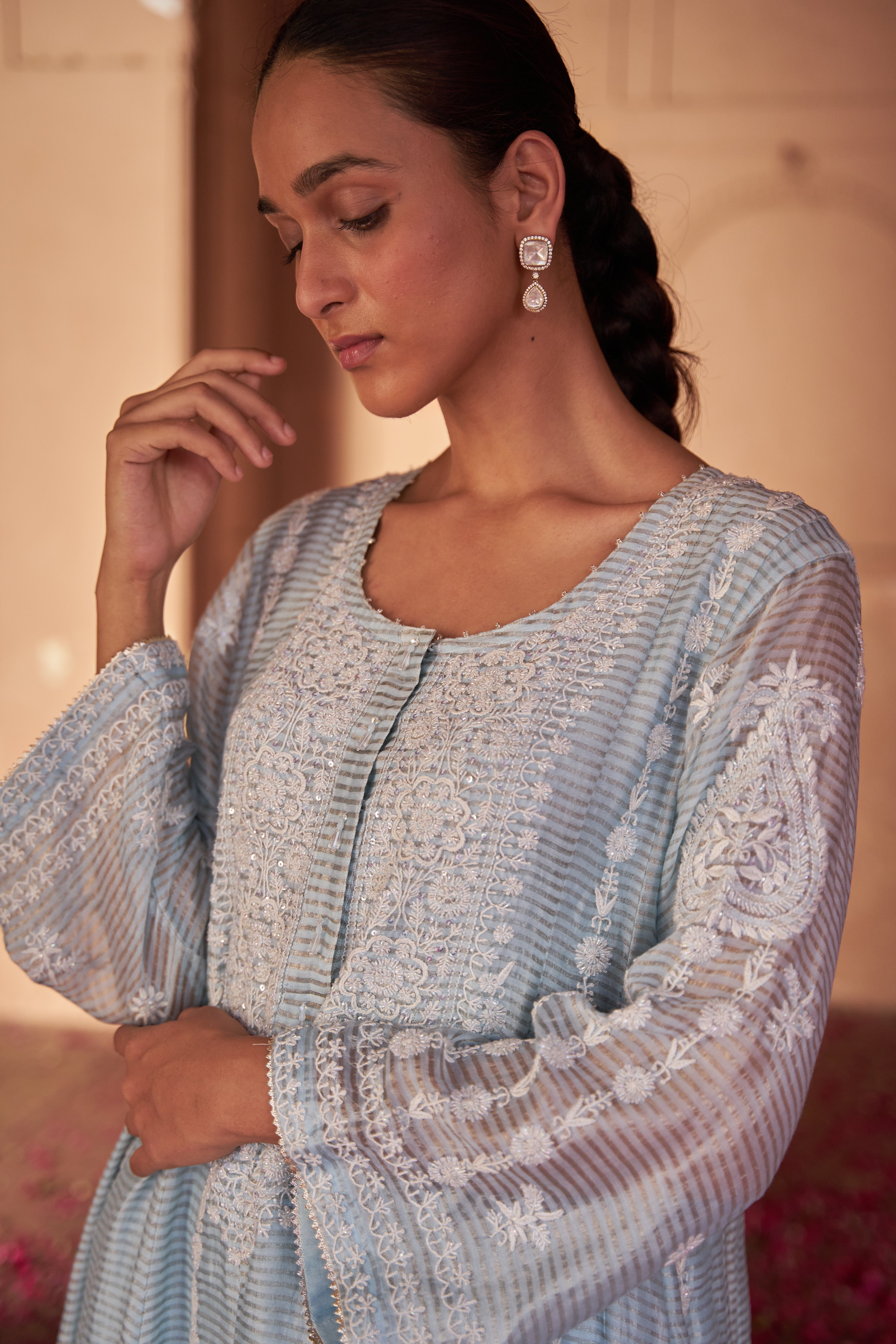 Sky Blue Stripe Tissue Chikankari Anarkali set