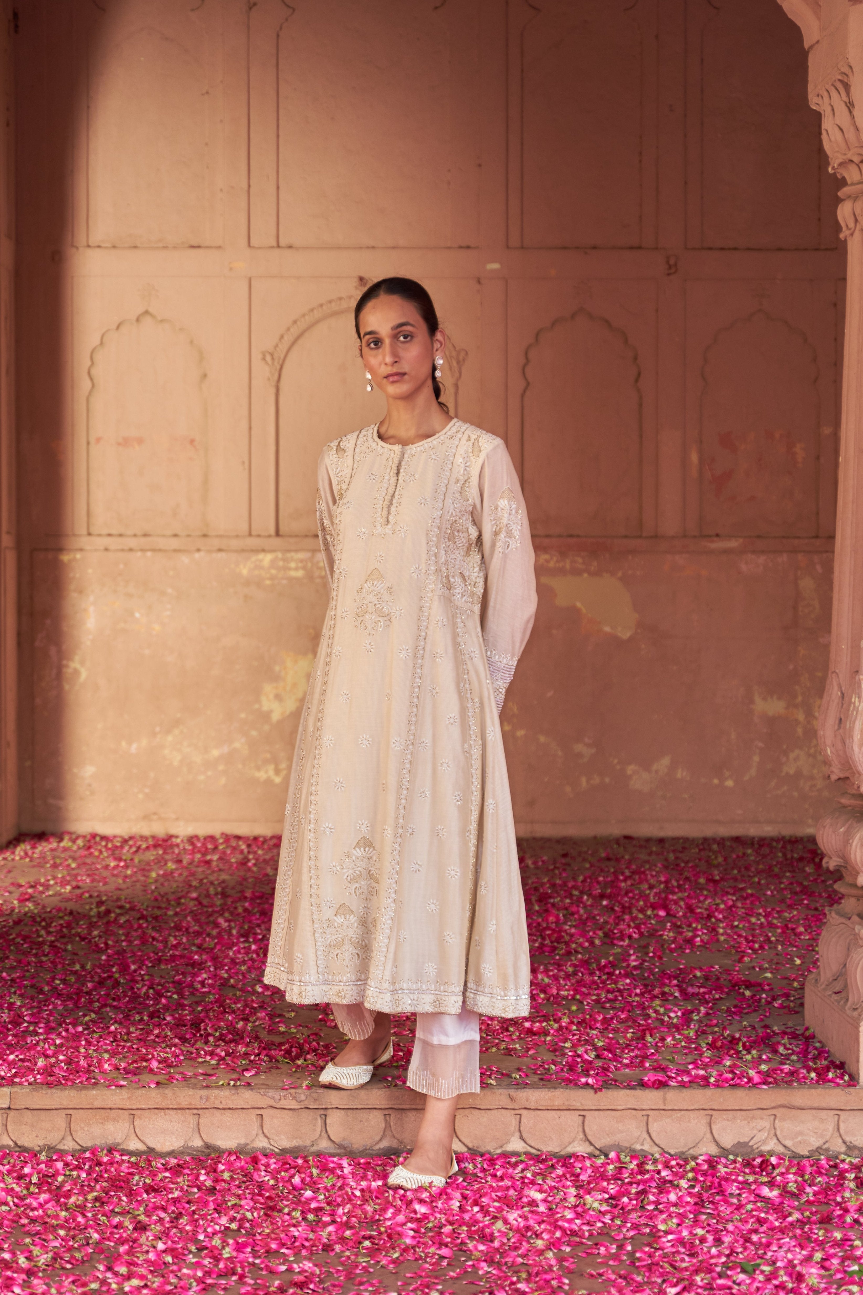 Ivory Chanderi Chikankari Anarkali Set
