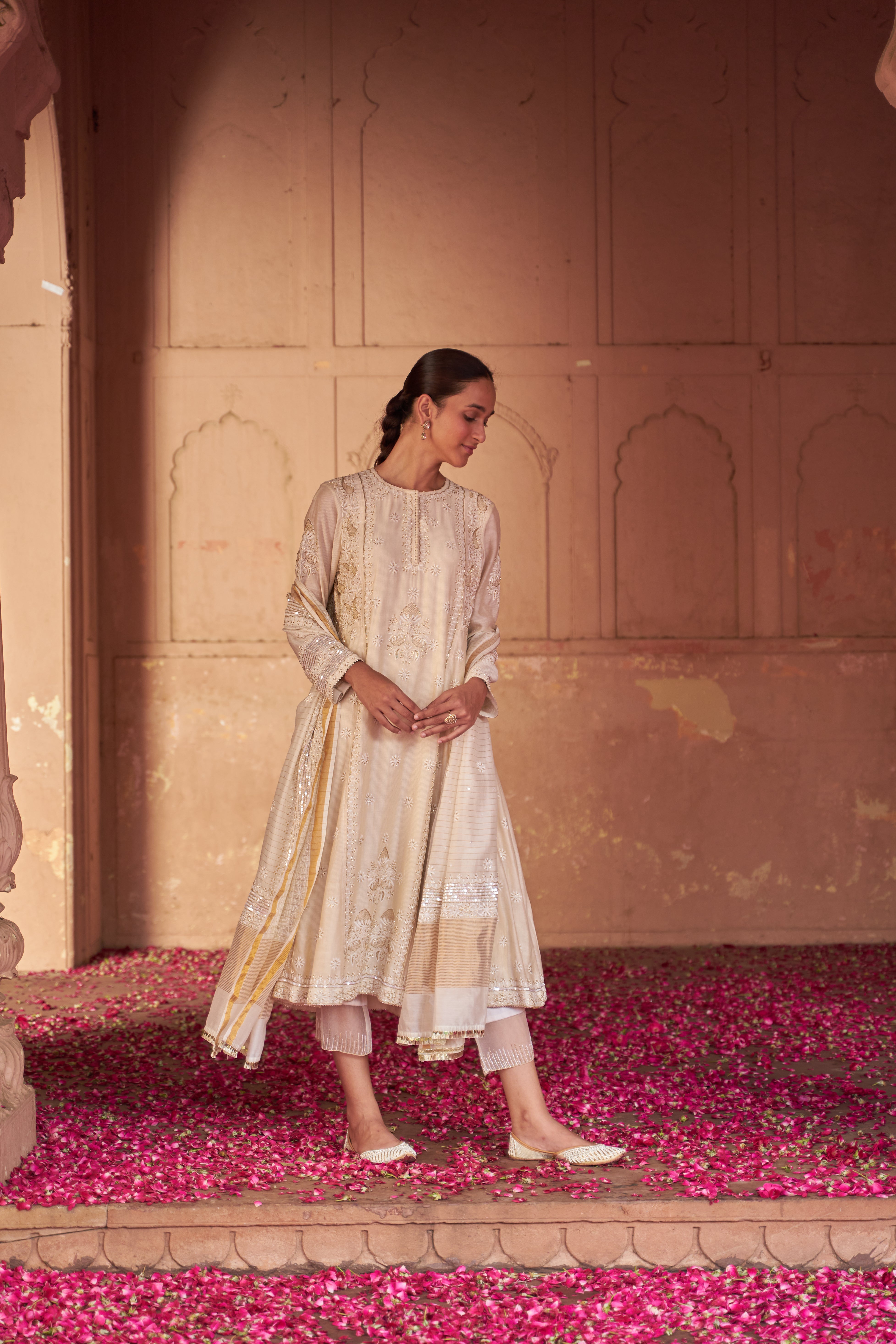 Ivory Chanderi Chikankari Anarkali Set