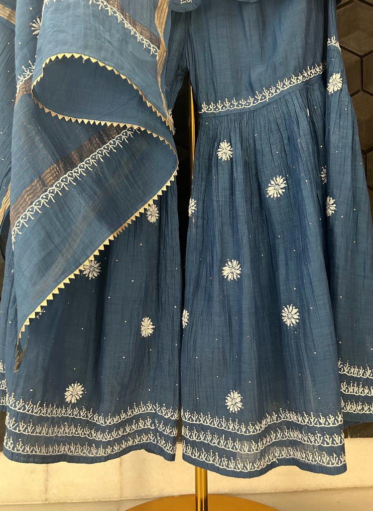 Cobalt Blue Mul Chanderi Chikankari Sharara Set