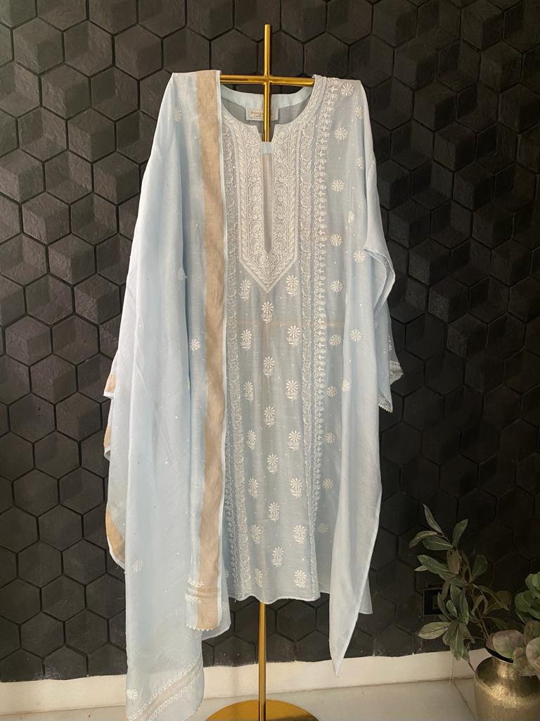 Sky Blue Chanderi Chikankari Kurta Set