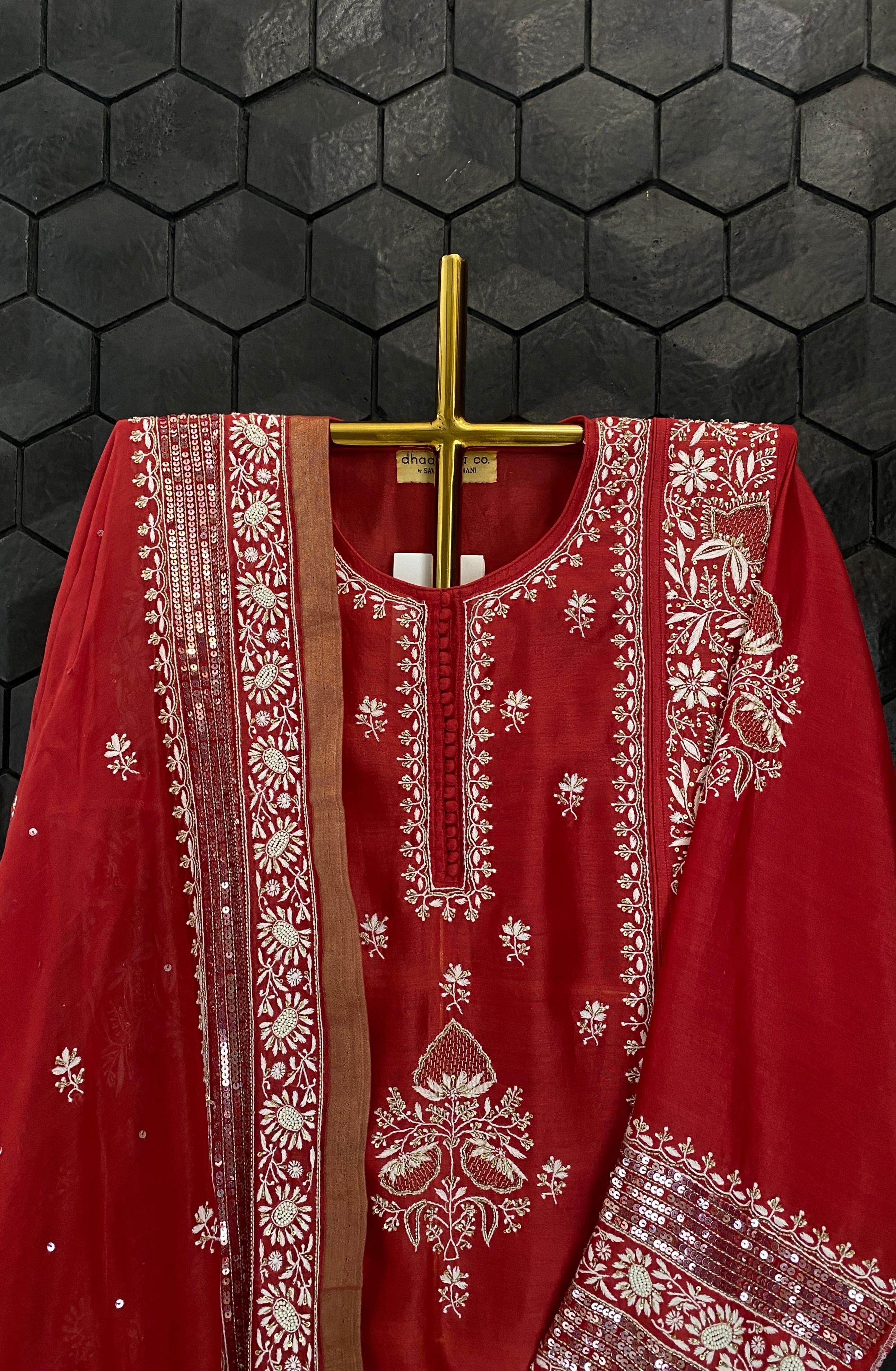 Red chanderi chikankari a-line kurta set with signature sequins dupatta