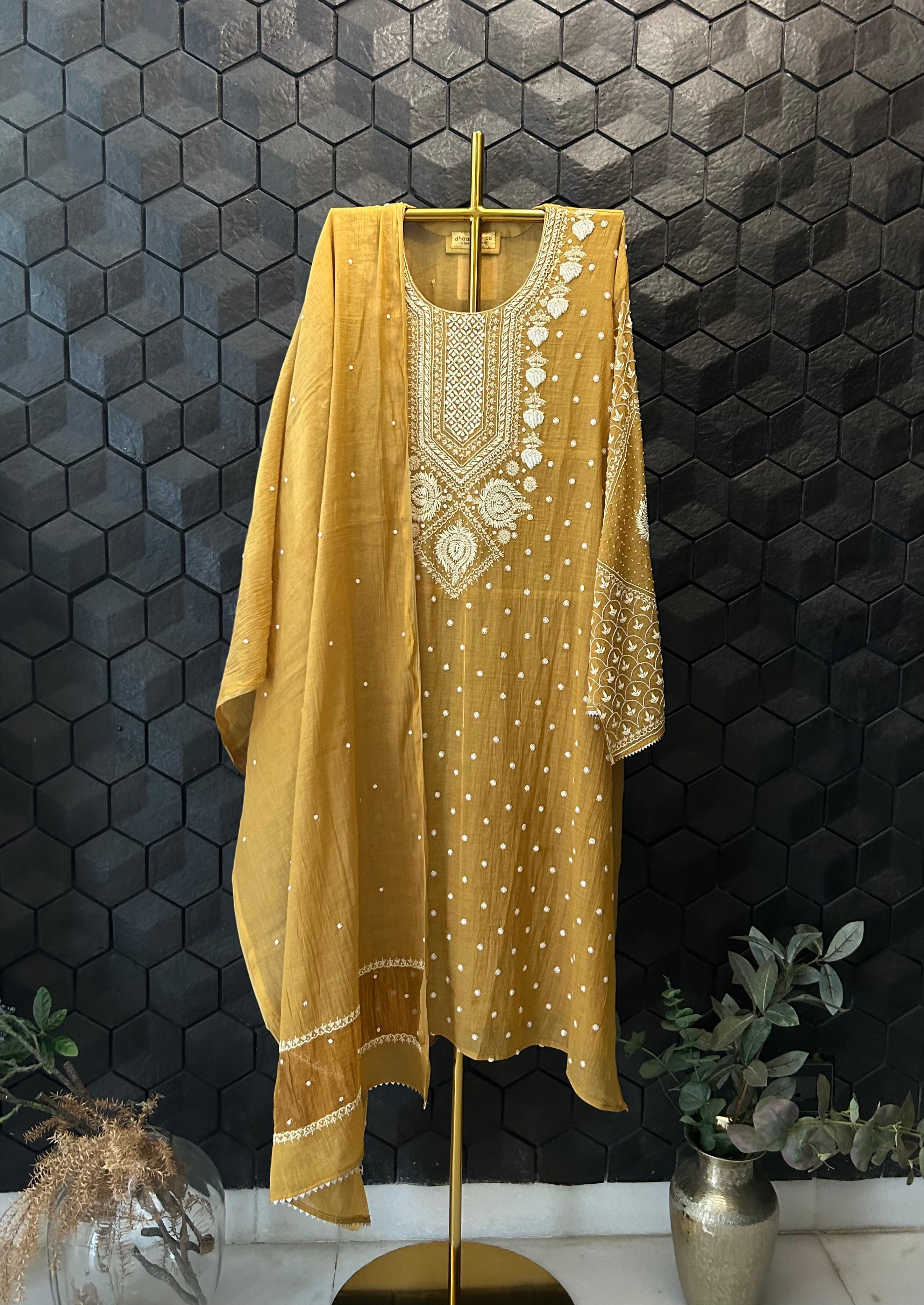 Mustard Tissue Chikankari Kurta Set