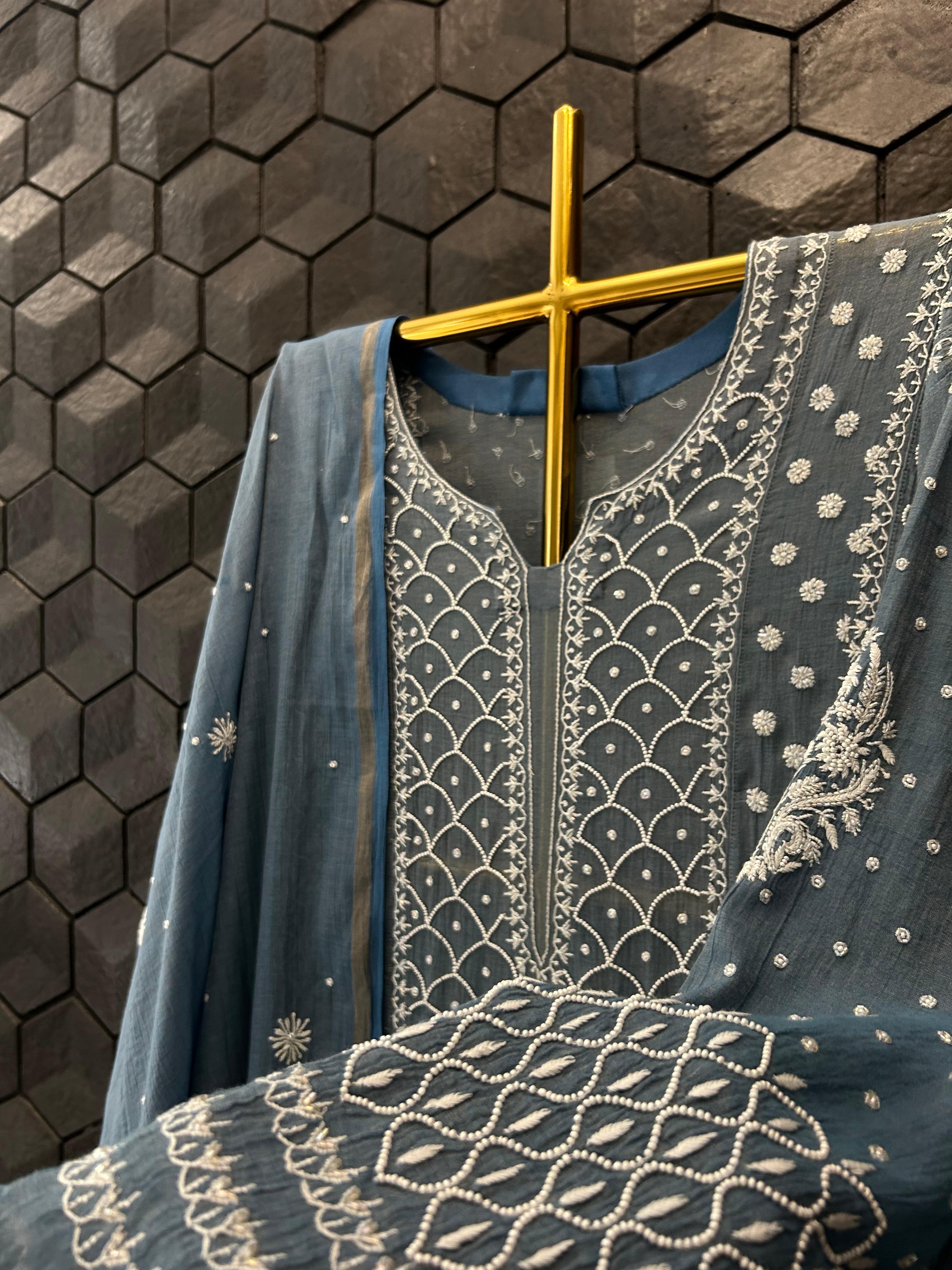 Cobalt Blue Tissue Chikankari Anarkali set