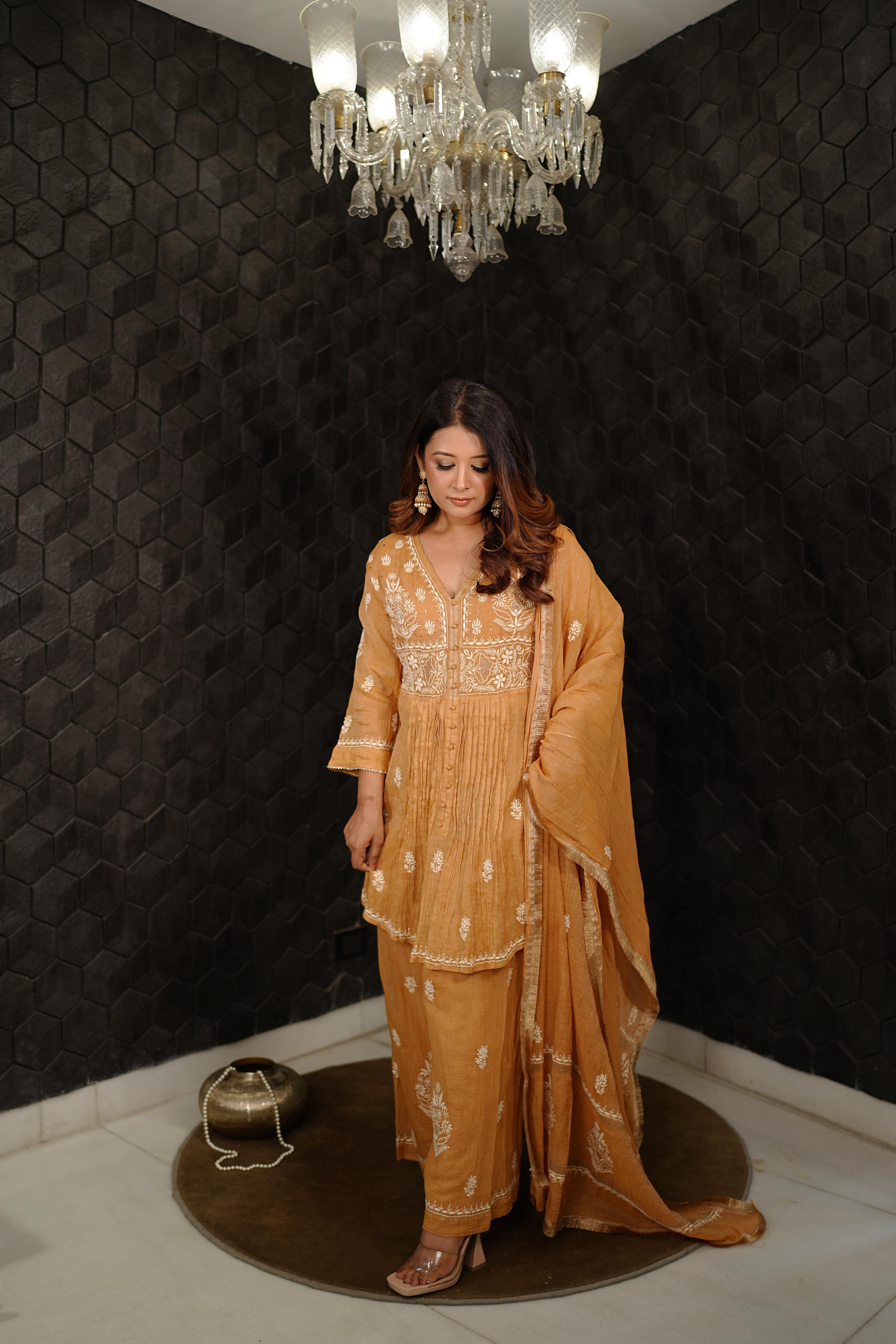 Orange Tissue Chikankari Sharara Set