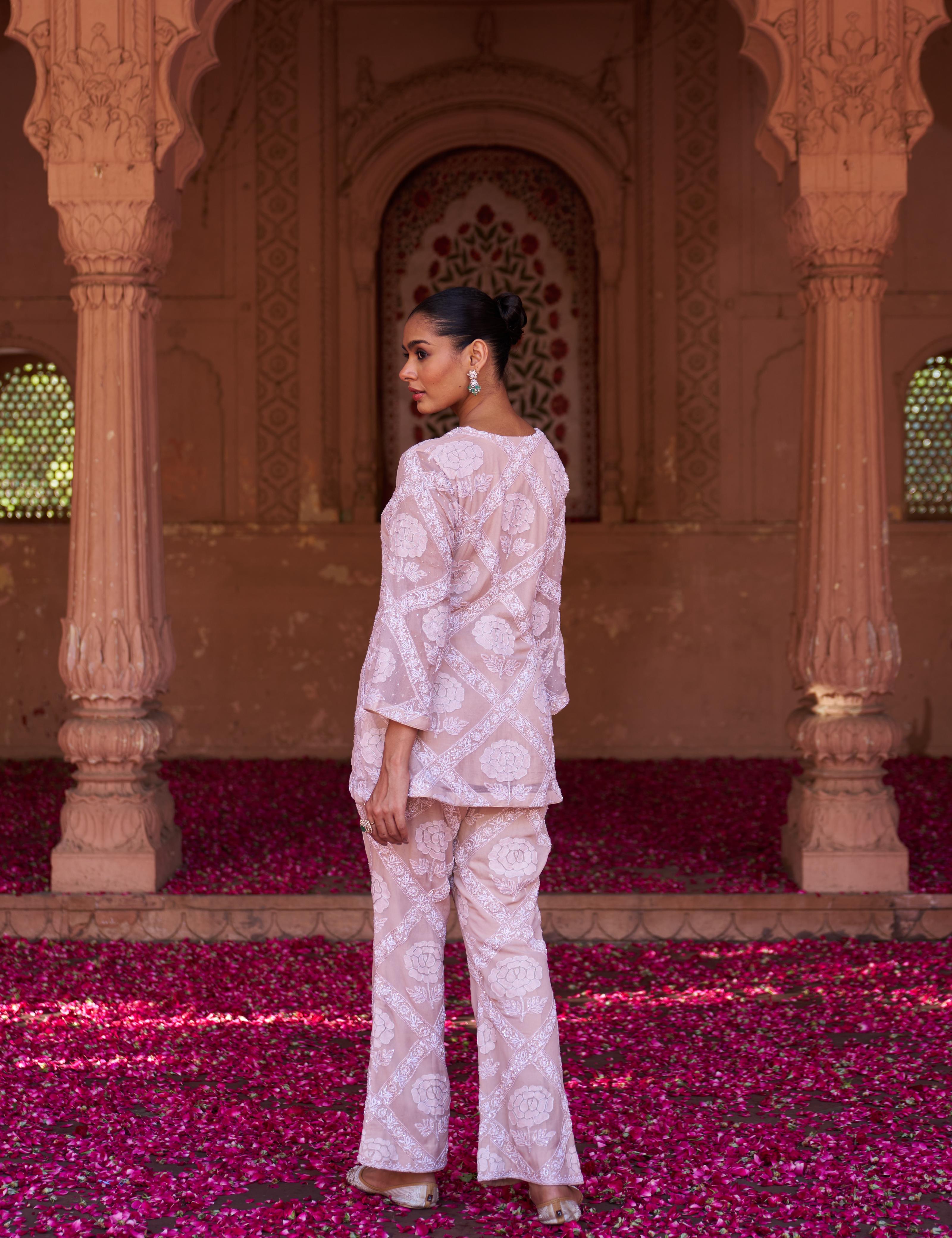 Premium Beige Chiffon Do-taar Chikankari Co-ord sets