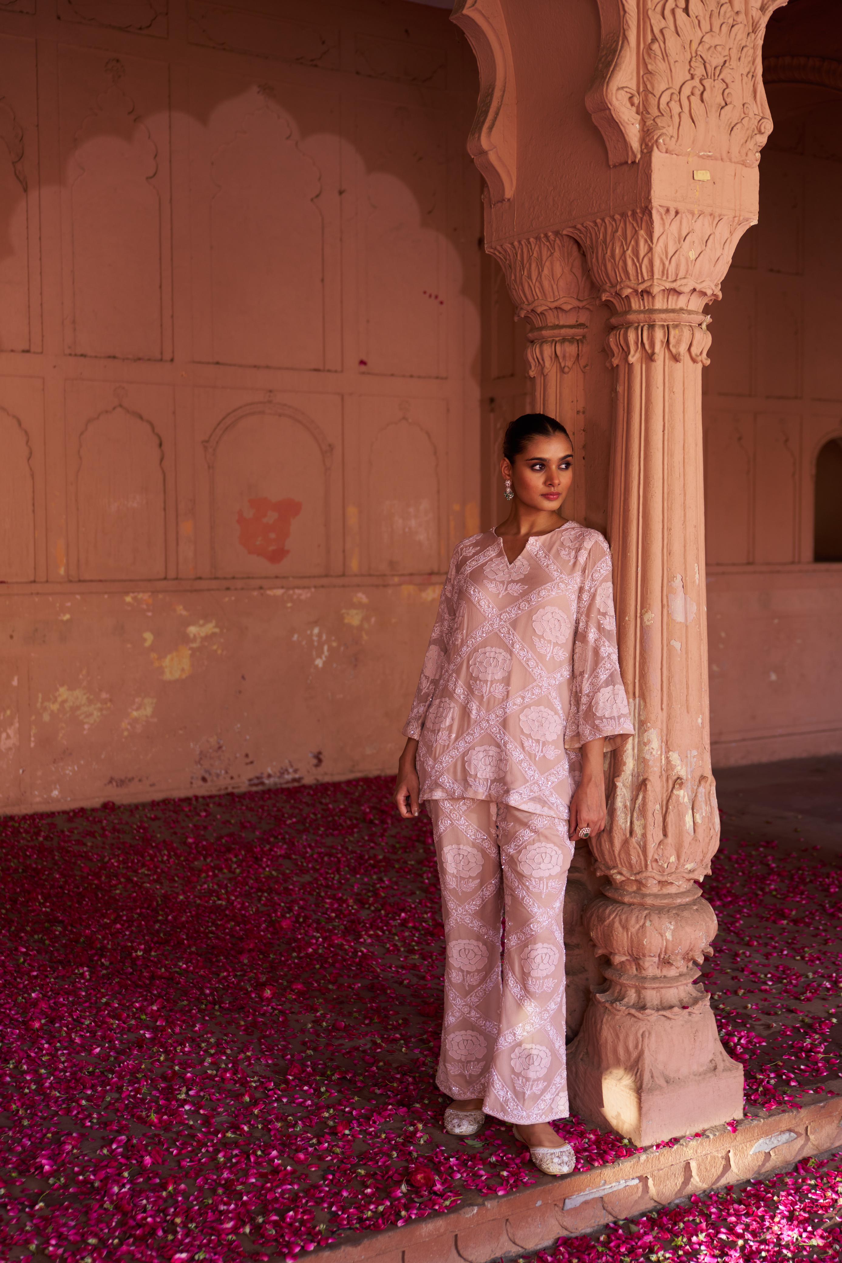Premium Beige Chiffon Do-taar Chikankari Co-ord sets