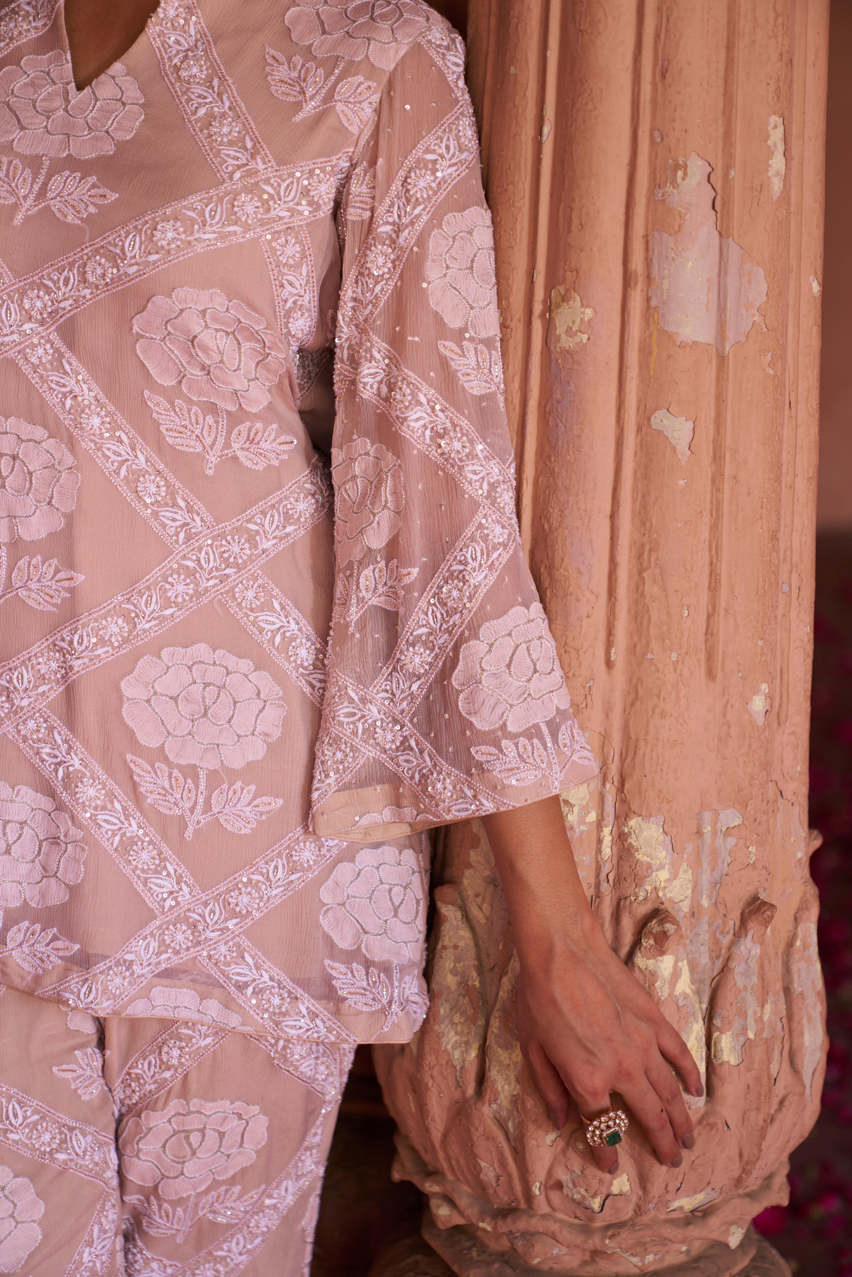 Premium Beige Chiffon Do-taar Chikankari Co-ord sets