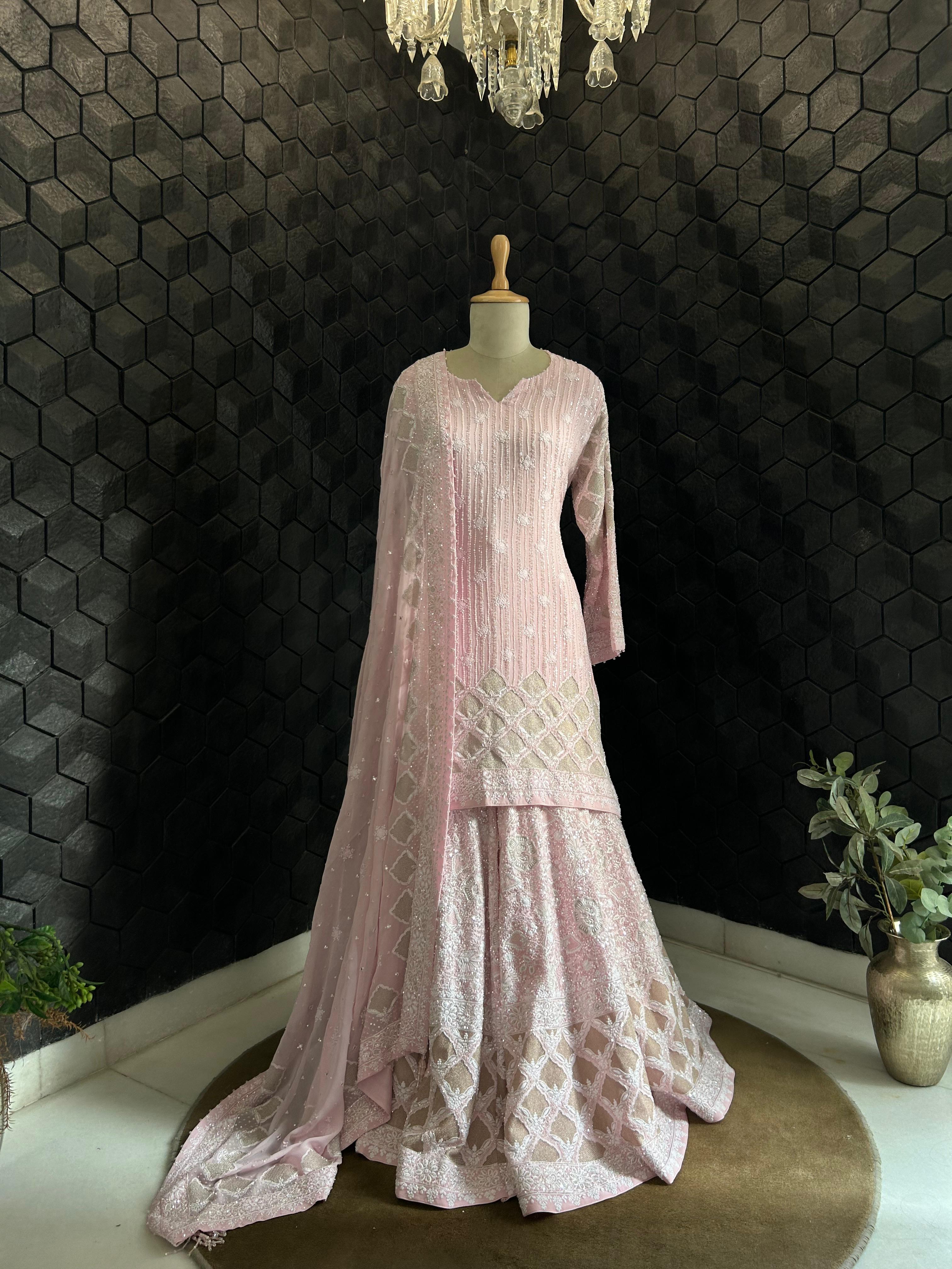 Pink Georgette Ek-taar Chikankari Sharara Set